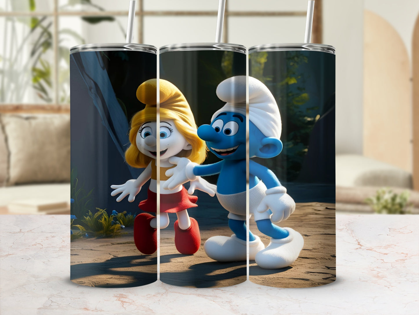 Smurfette and a Smurf couple smiling on a textured path.