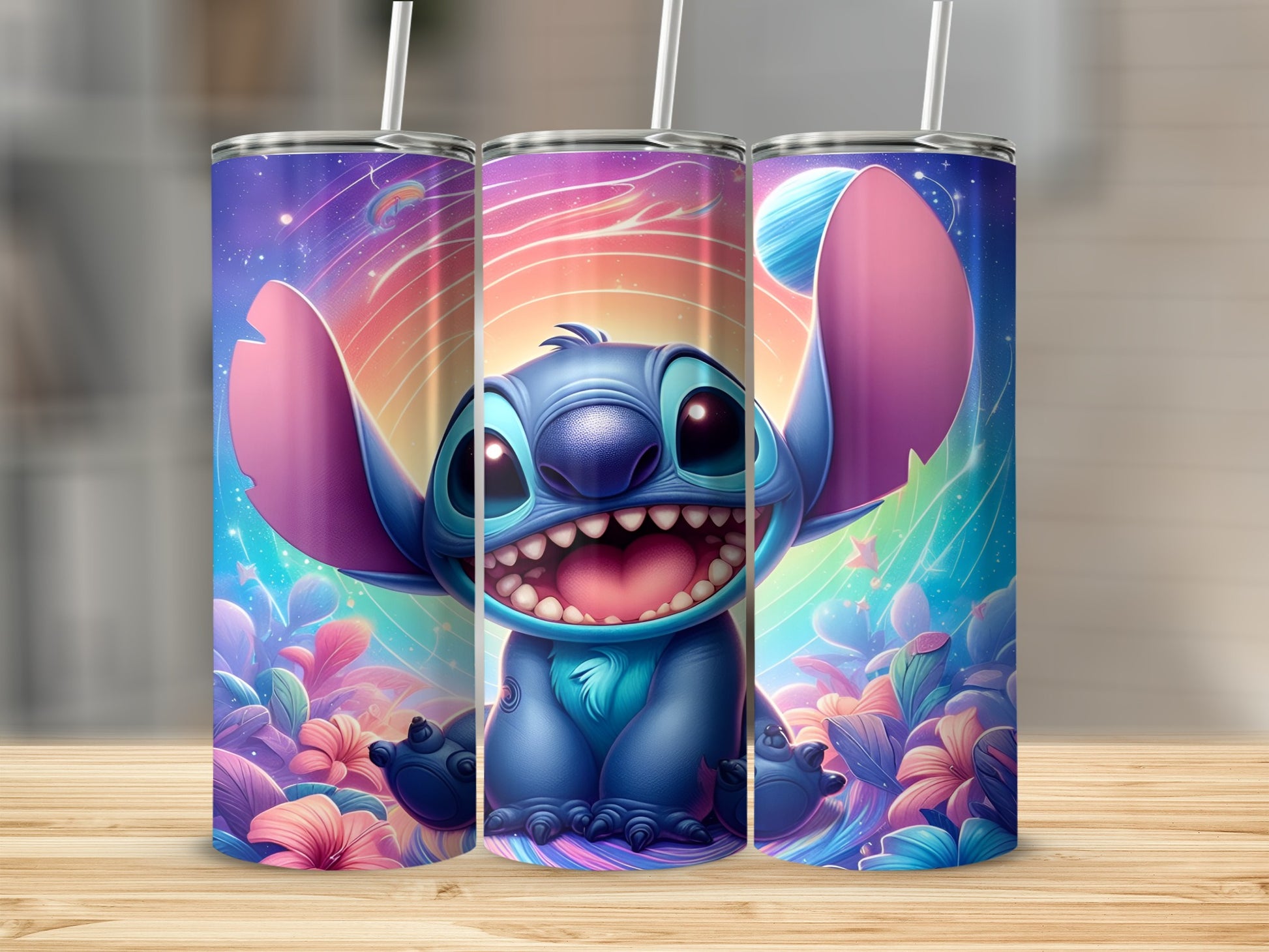 Stitch with large ears and wide grin, surrounded by colorful flowers and sunset.