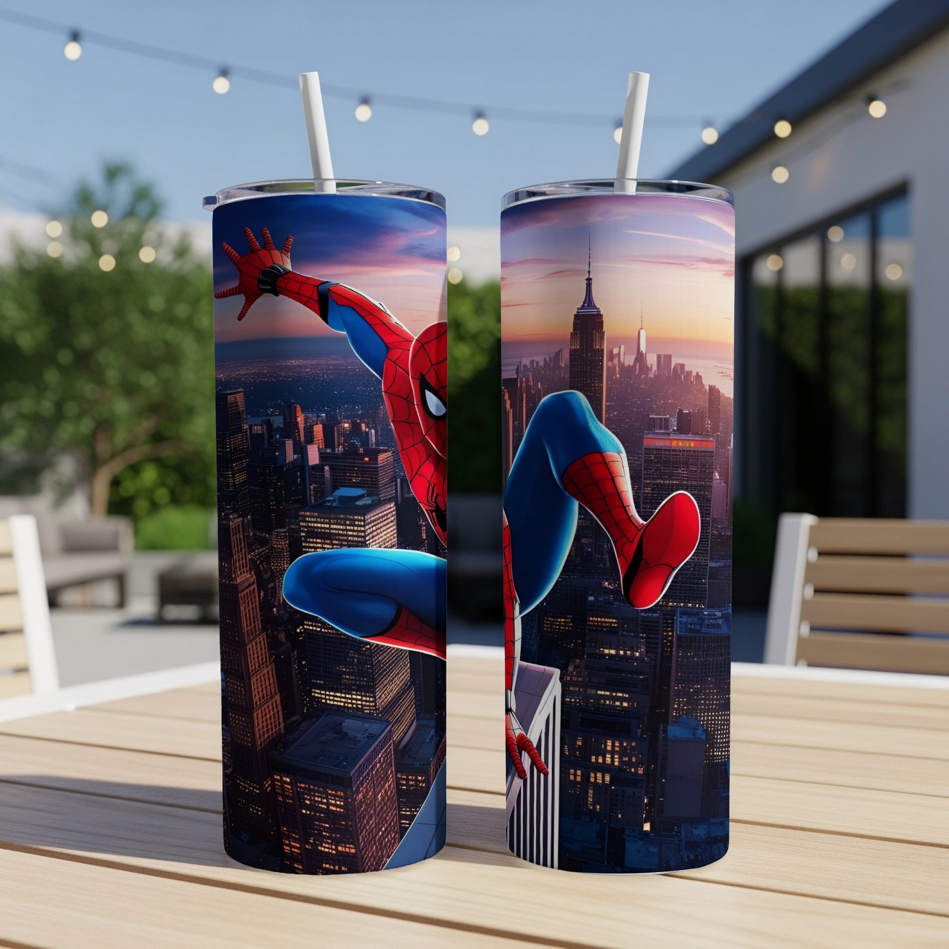 Spider-Man leaping between skyscrapers against a sunset cityscape.