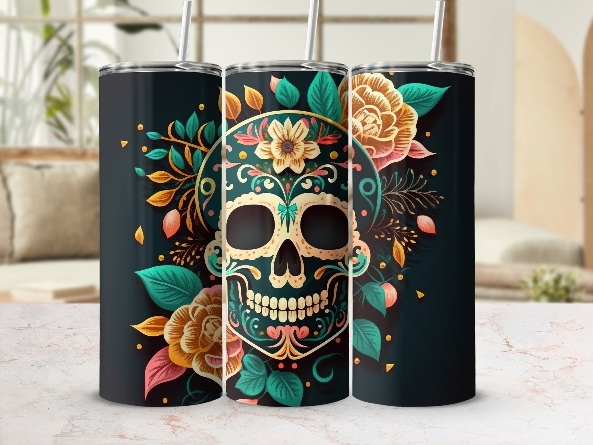 Colorful Skull and Flowers Tumbler Design product
