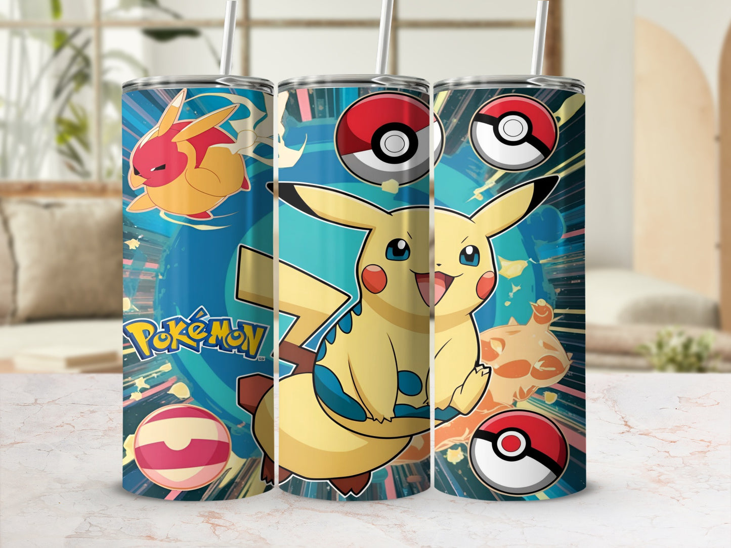 Pikachu and other Pokémon characters on a blue and yellow tumbler.