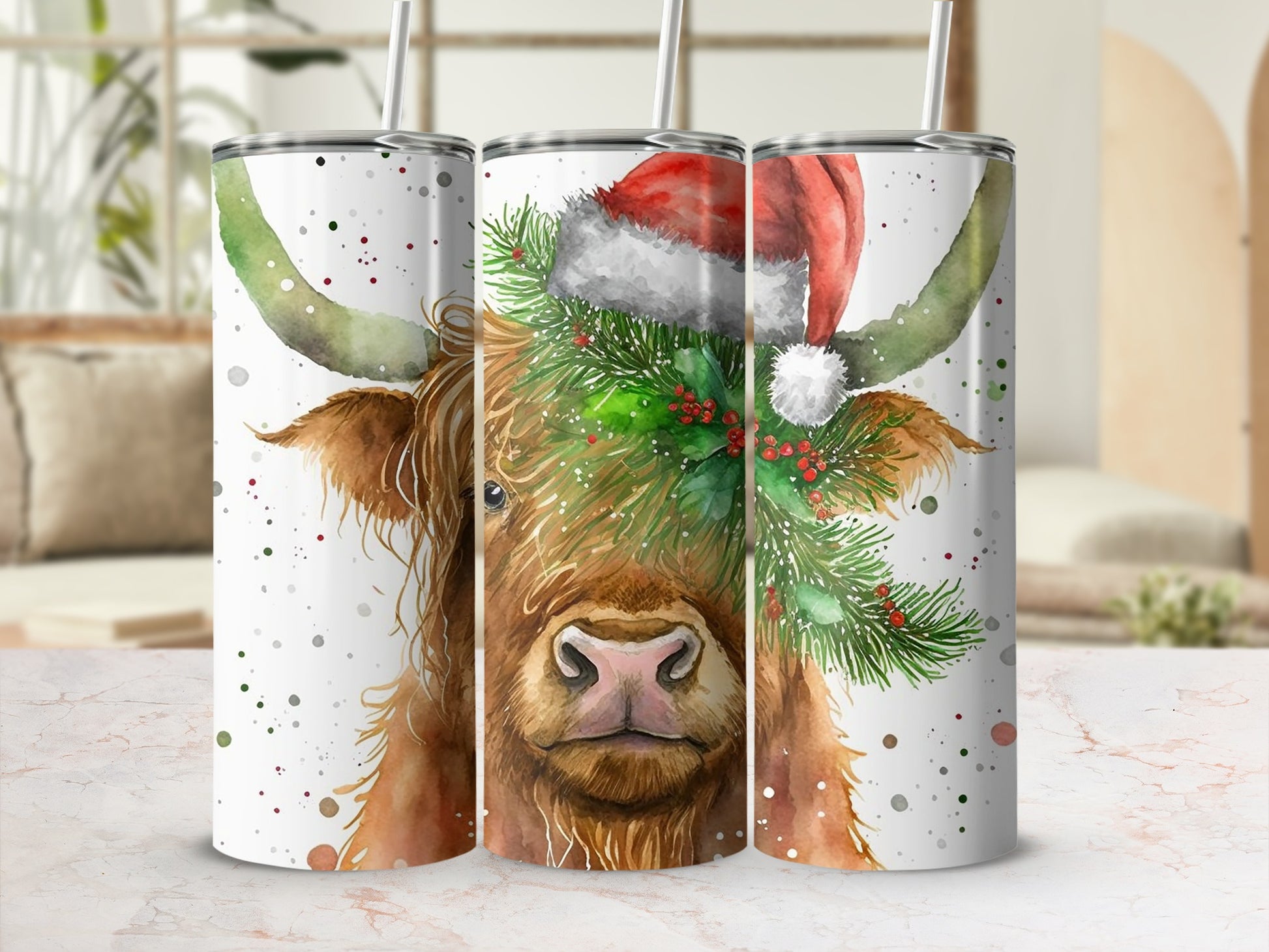 Highland cow wearing a Santa hat and a wreath.