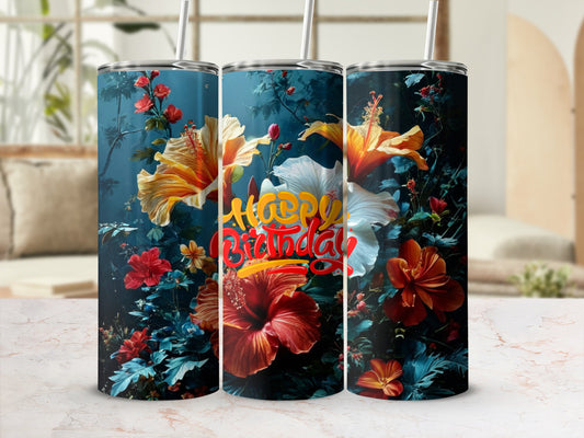 Happy Birthday tumbler with colorful hibiscus flowers and foliage.