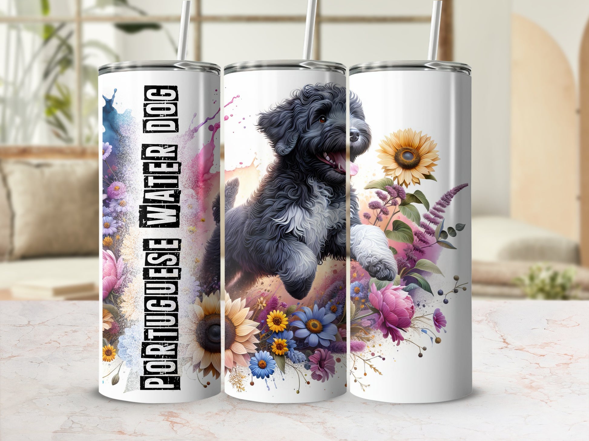 Black Portuguese Water Dog on a floral background, wraps around a white tumbler.