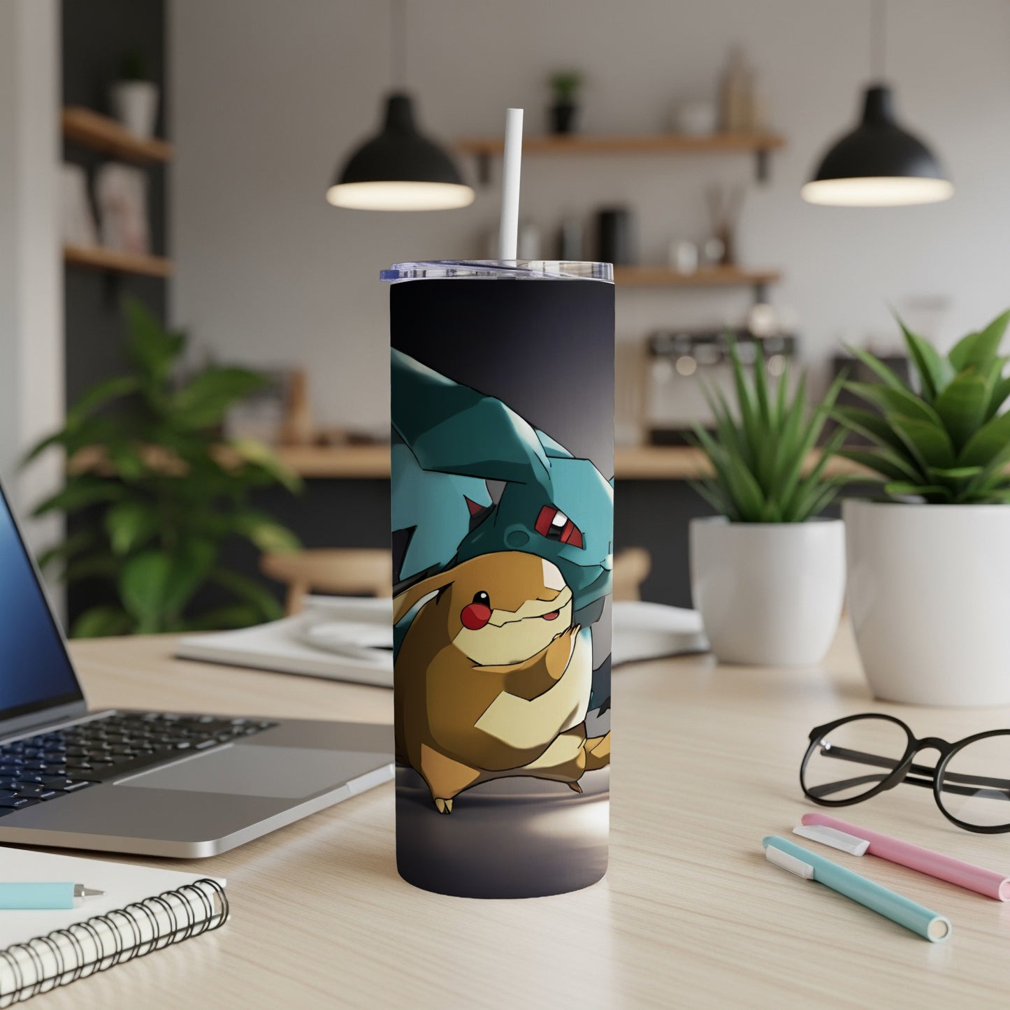 Pokemon characters Charmander and Bulbasaur on a black tumbler.
