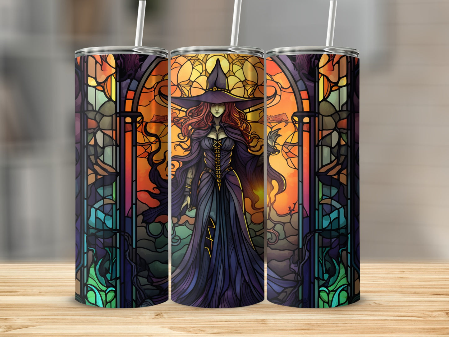 Witch with purple dress and red hat against stained glass background.