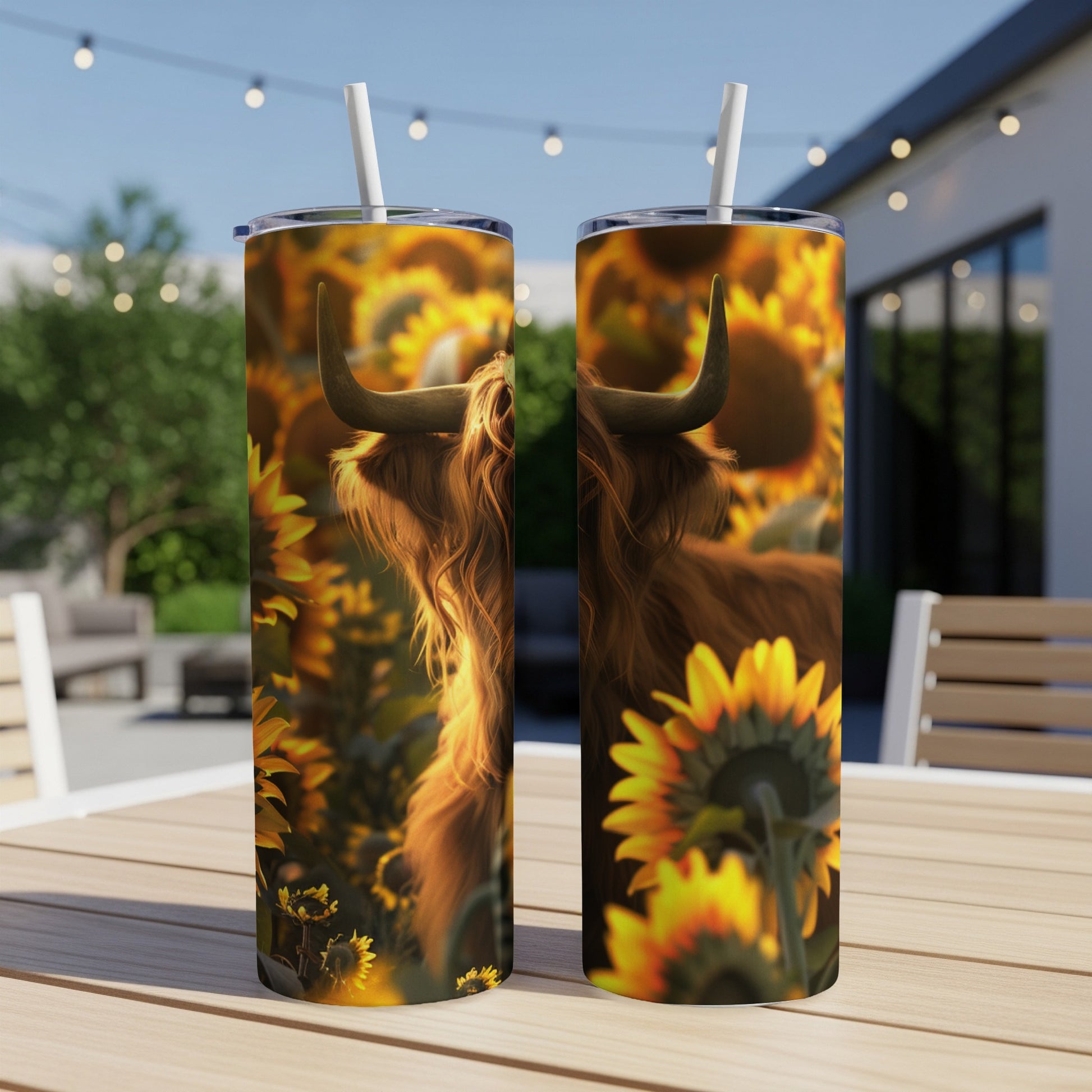 Two tumblers with Highland cow and sunflowers design on a table.