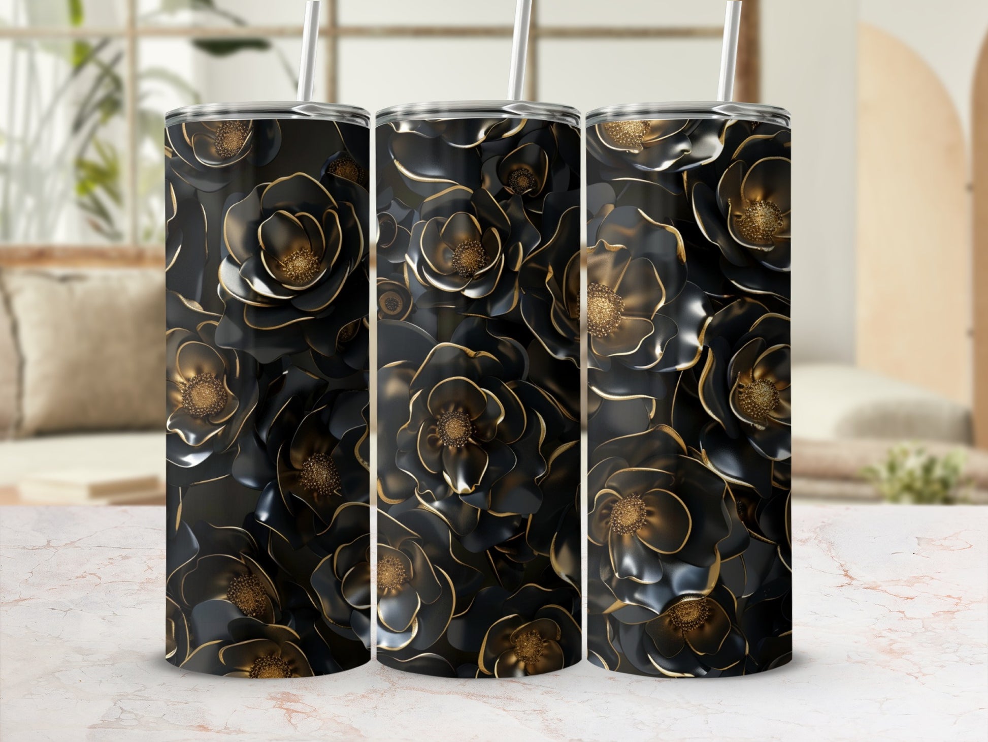 Three tumblers with black floral pattern and gold accents.