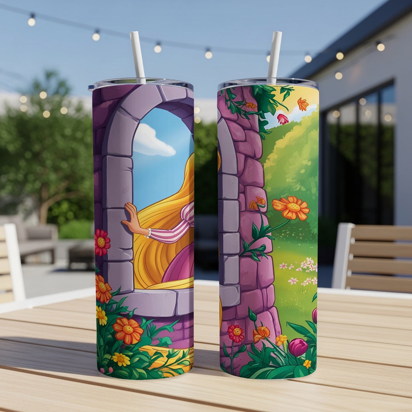 Rapunzel's tower window illustration on a skinny tumbler.