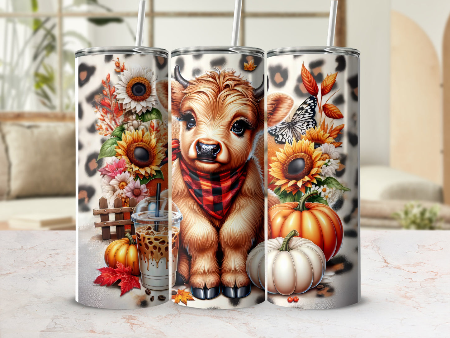 Cute baby cow with sunflowers, pumpkin, and butterfly on leopard print tumbler.
