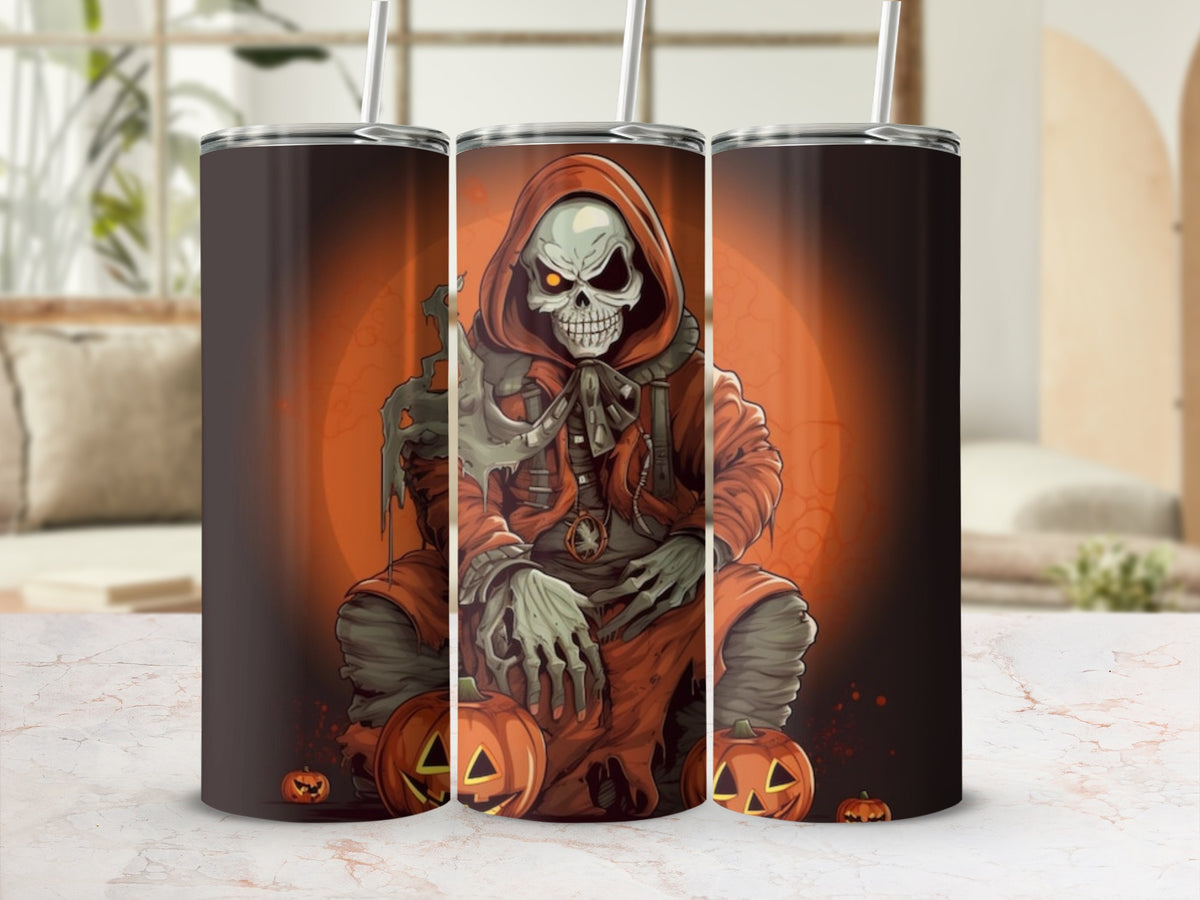 Triptych of tumblers featuring a grim reaper with pumpkins and an orange background.