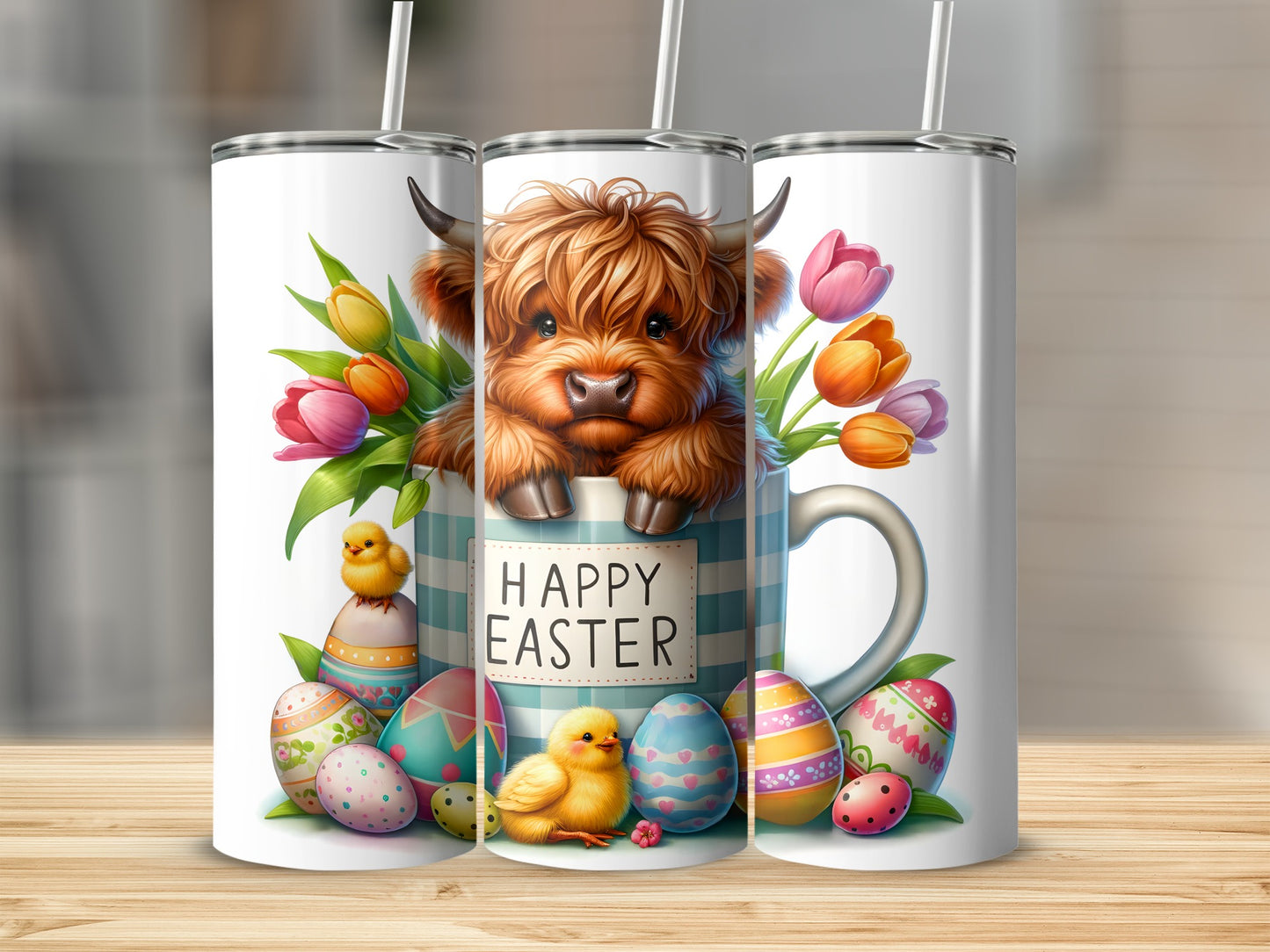 Cute Highland cow in a mug with Easter eggs and tulips.
