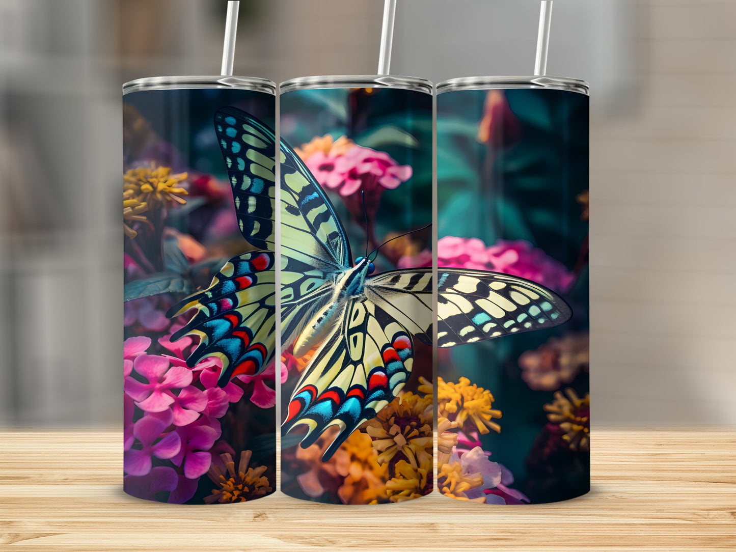 Butterfly and floral pattern on three tumblers.