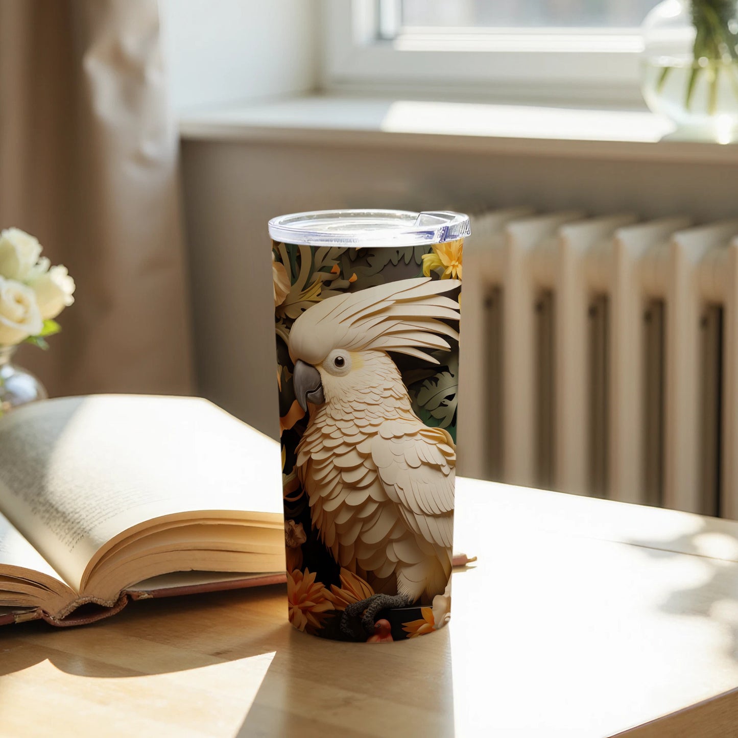 White Cockatoo Layered Art Tropical Leaves Tumbler product type