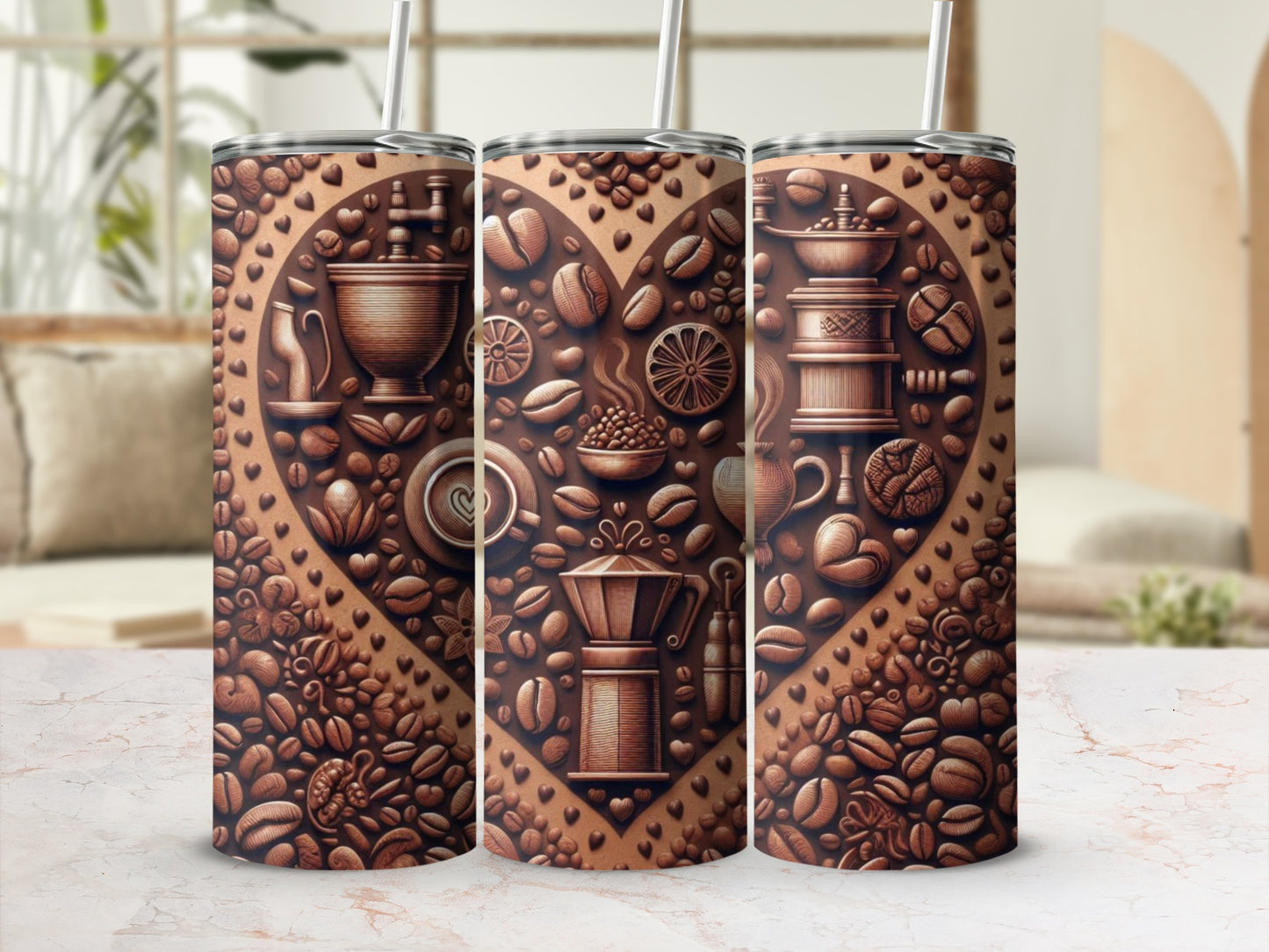 Triptych of coffee-themed tumblers with heart and coffee bean design.