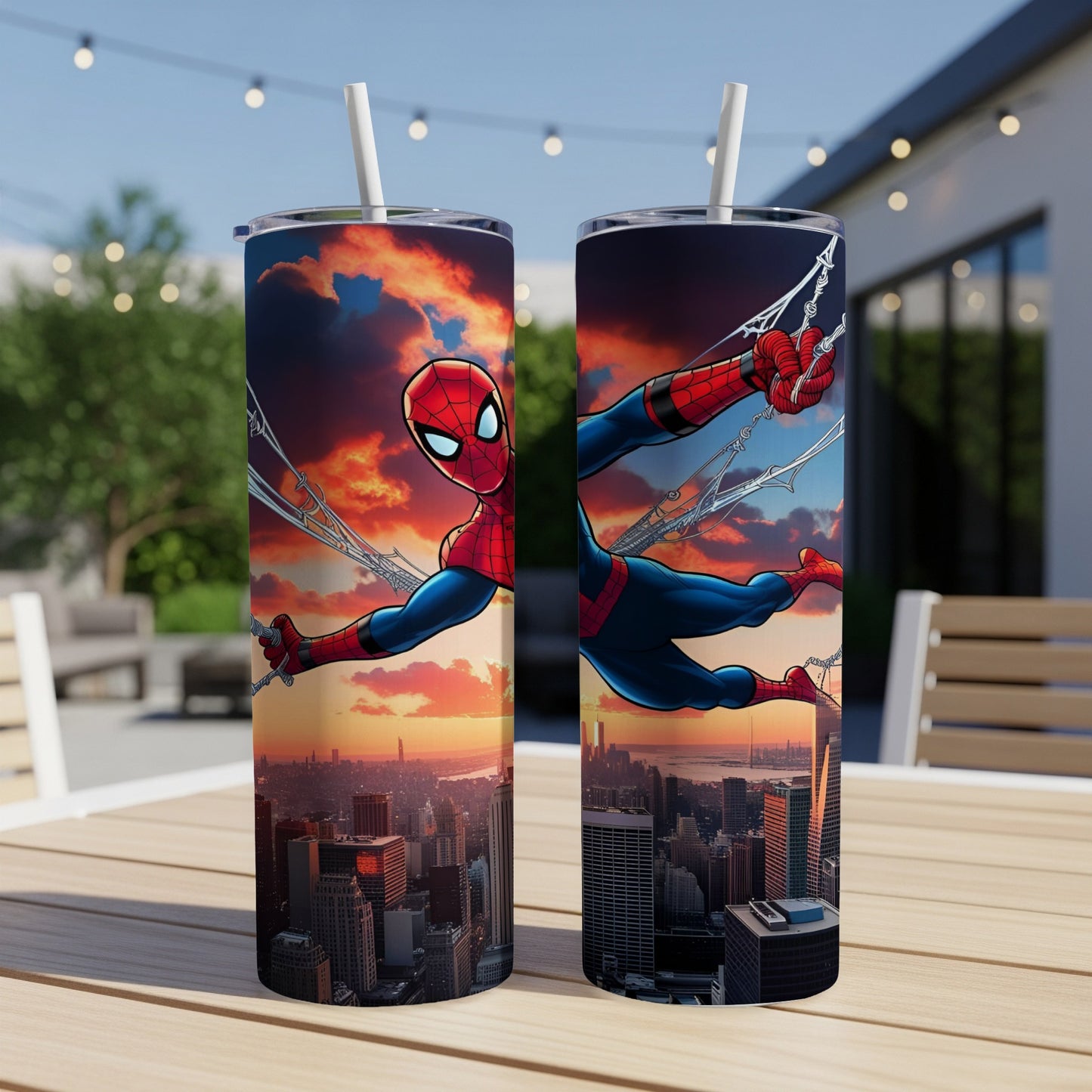 Spider-Man swinging through a city at sunset, rendered on two skinny tumblers.