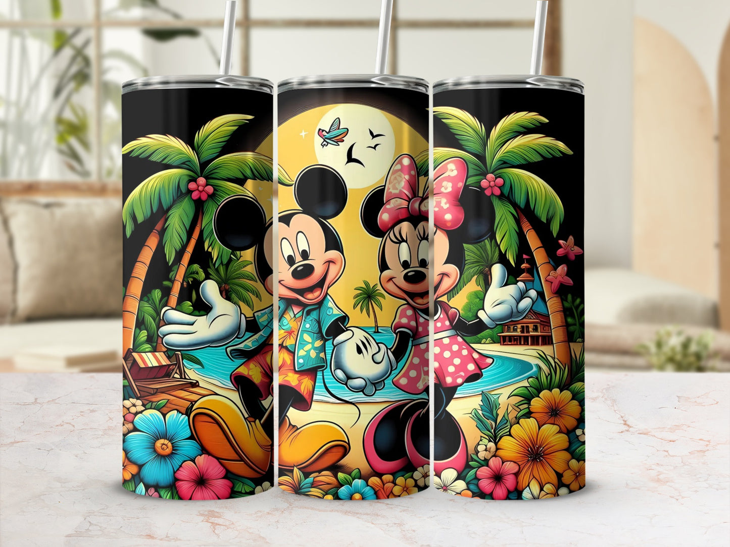 Tropical Beach Mickey and Minnie Mouse Tumbler