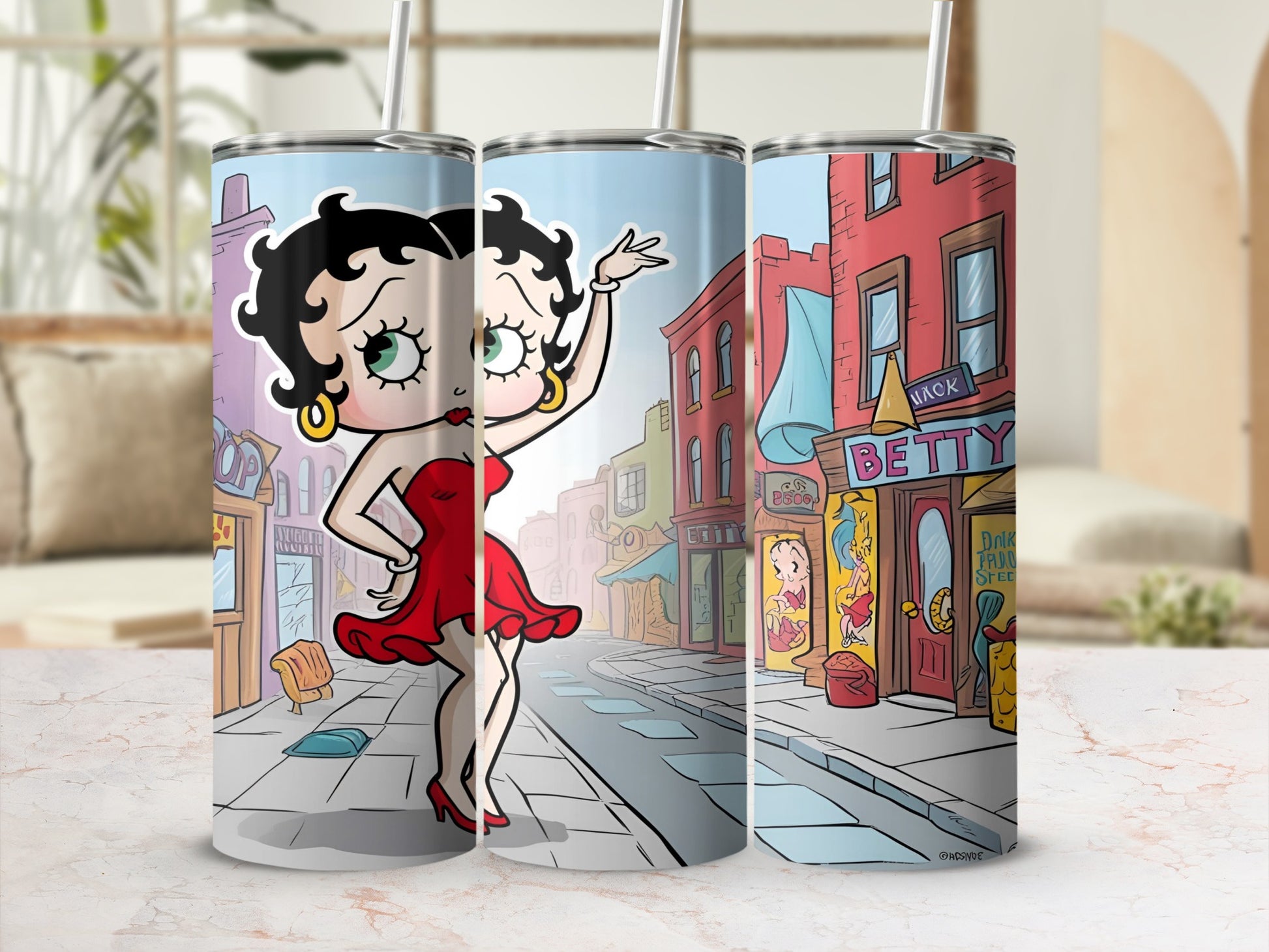 Betty Boop in red dress on animated street, presented on three tumblers.