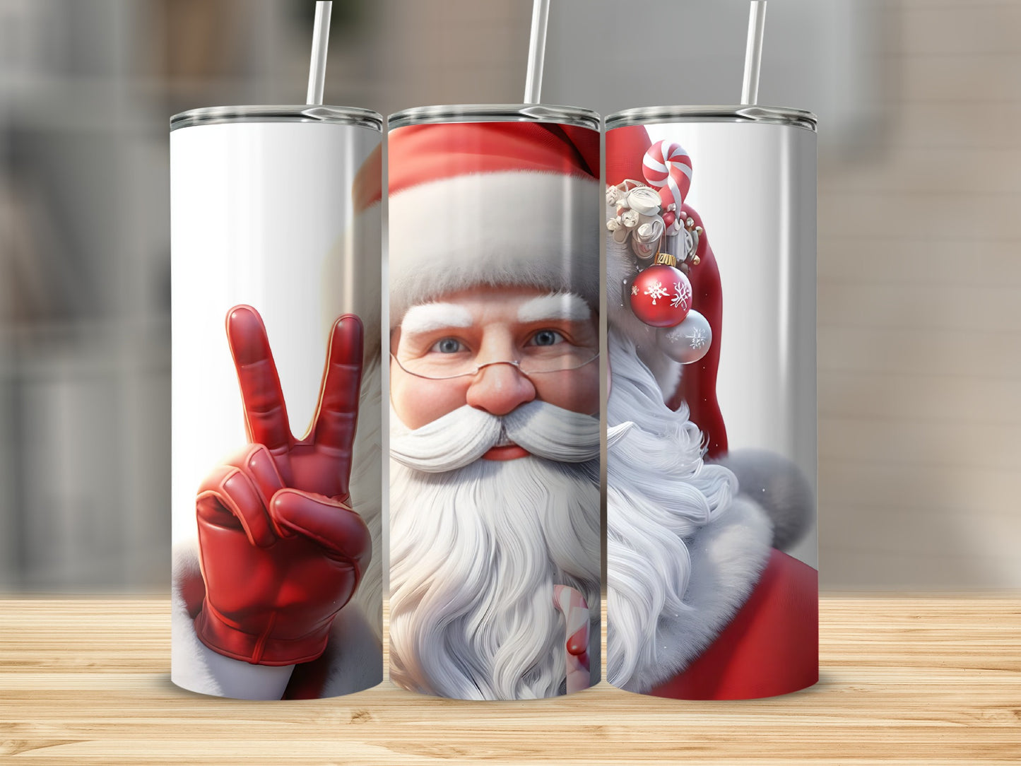 Santa Claus with a peace sign and Christmas ornaments on a tumbler.