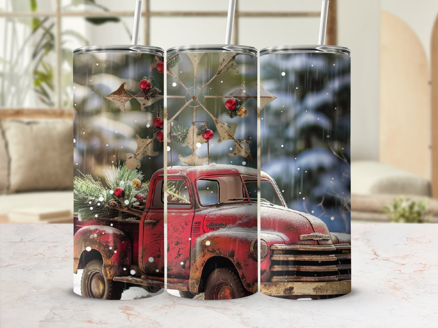 Red vintage truck with Christmas tree and snow, tumbler design.