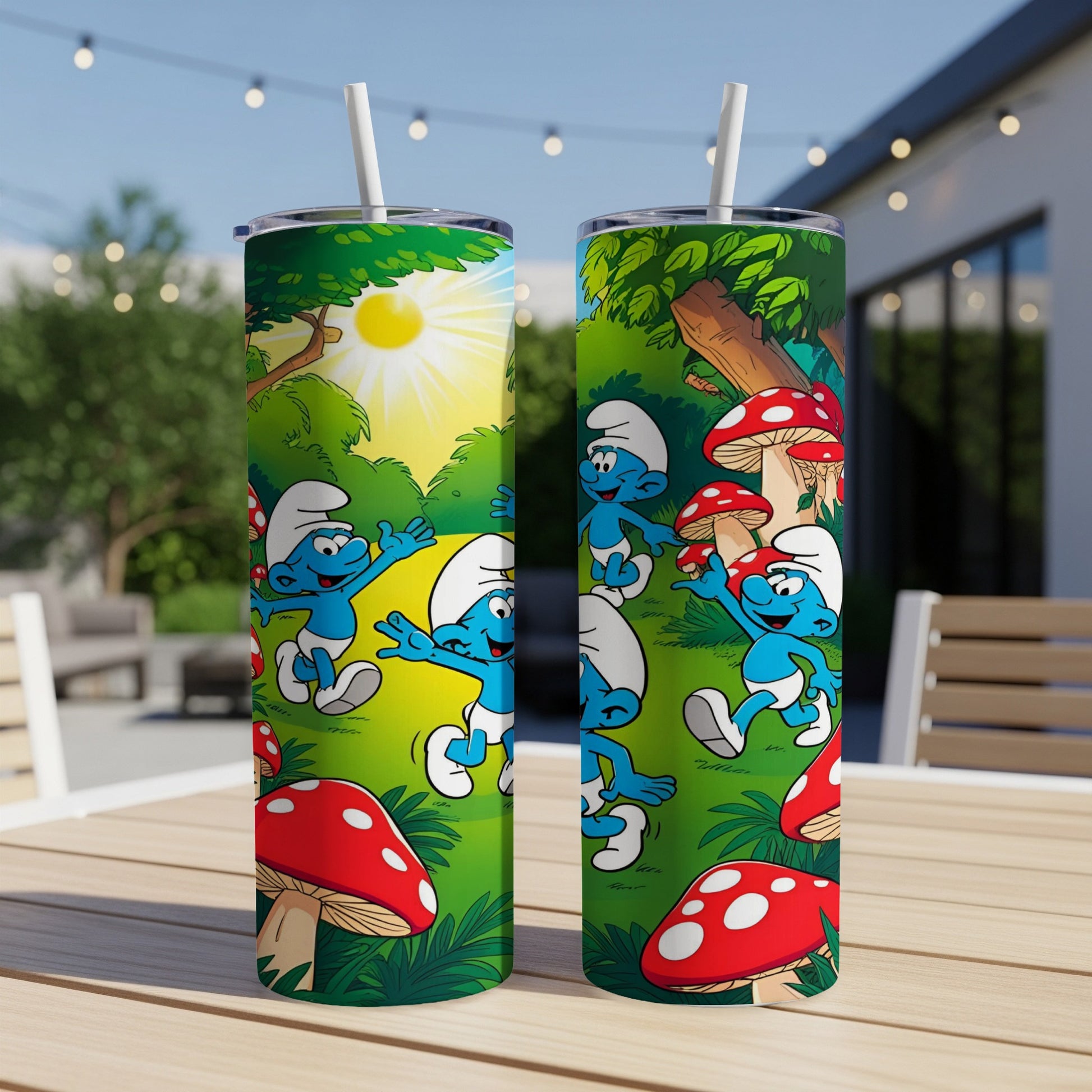 Two Smurf tumblers with characters, mushrooms, and forest scene.