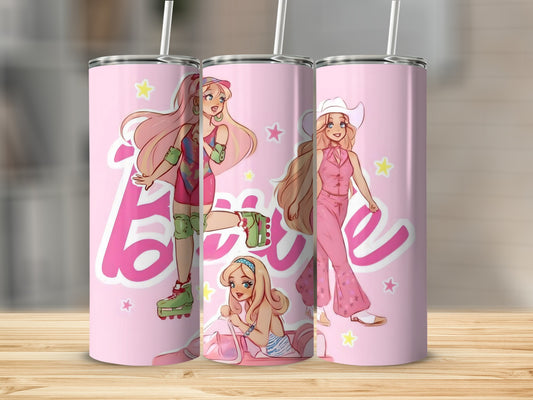Cute Pink Tumbler with Animated Characters Design
