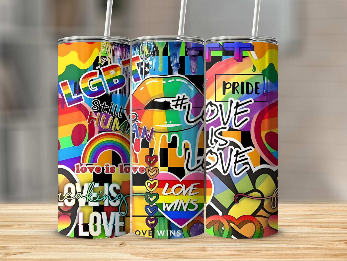 Pride themed tumbler with rainbow hearts, lips, and "LOVE WINS" text.