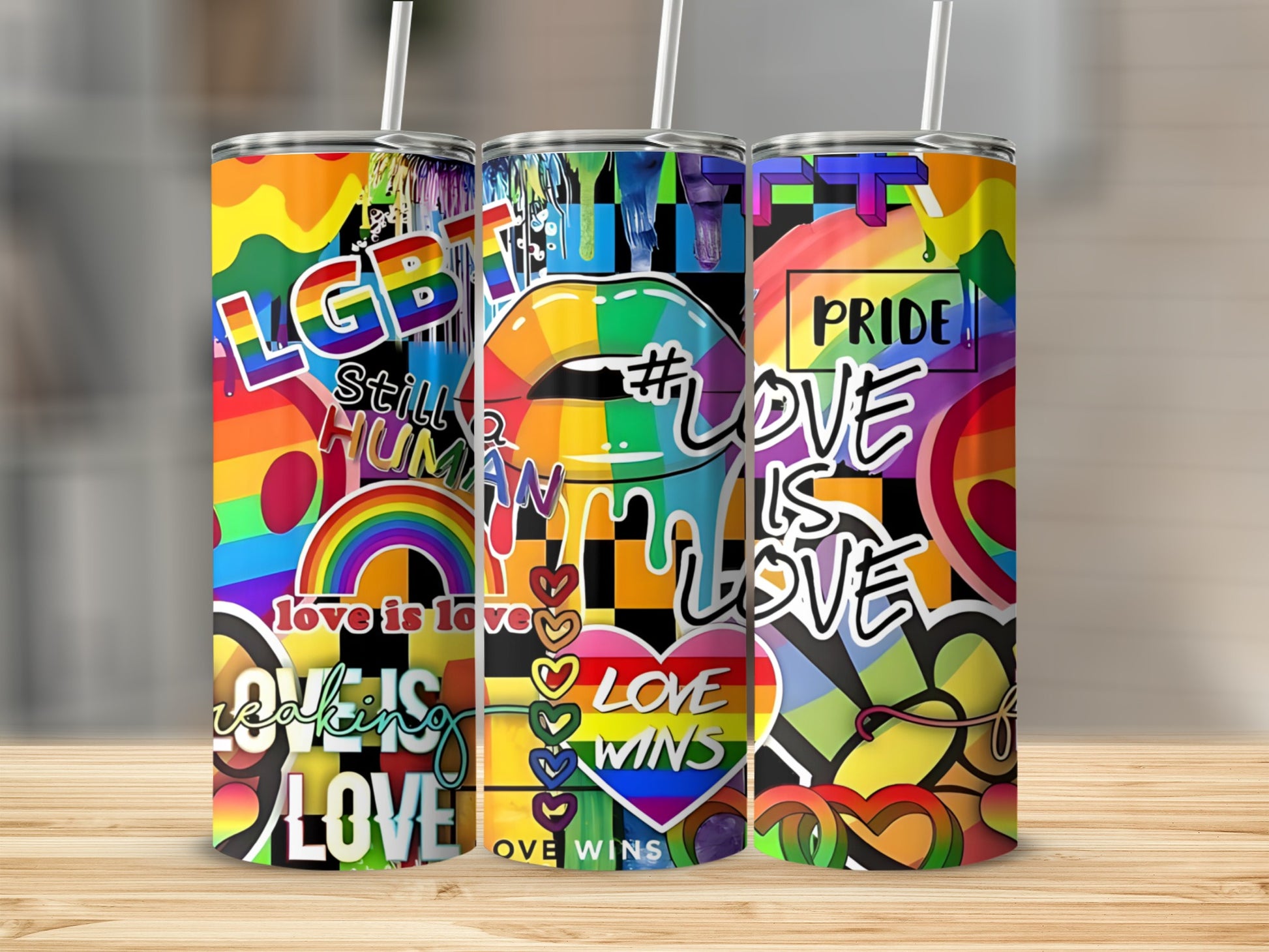 Pride themed tumbler with rainbow hearts, lips, and "LOVE WINS" text.