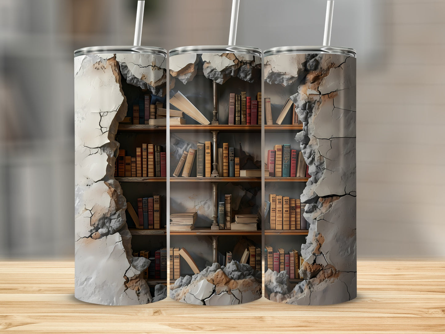 Three tumblers show a cracked wall revealing bookshelves filled with antique books.