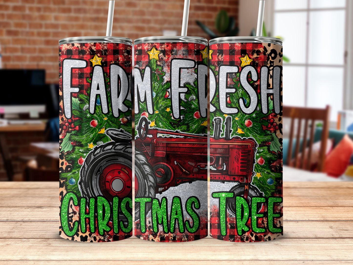 Red tractor with "Farm Fresh Christmas Tree" text on plaid background.