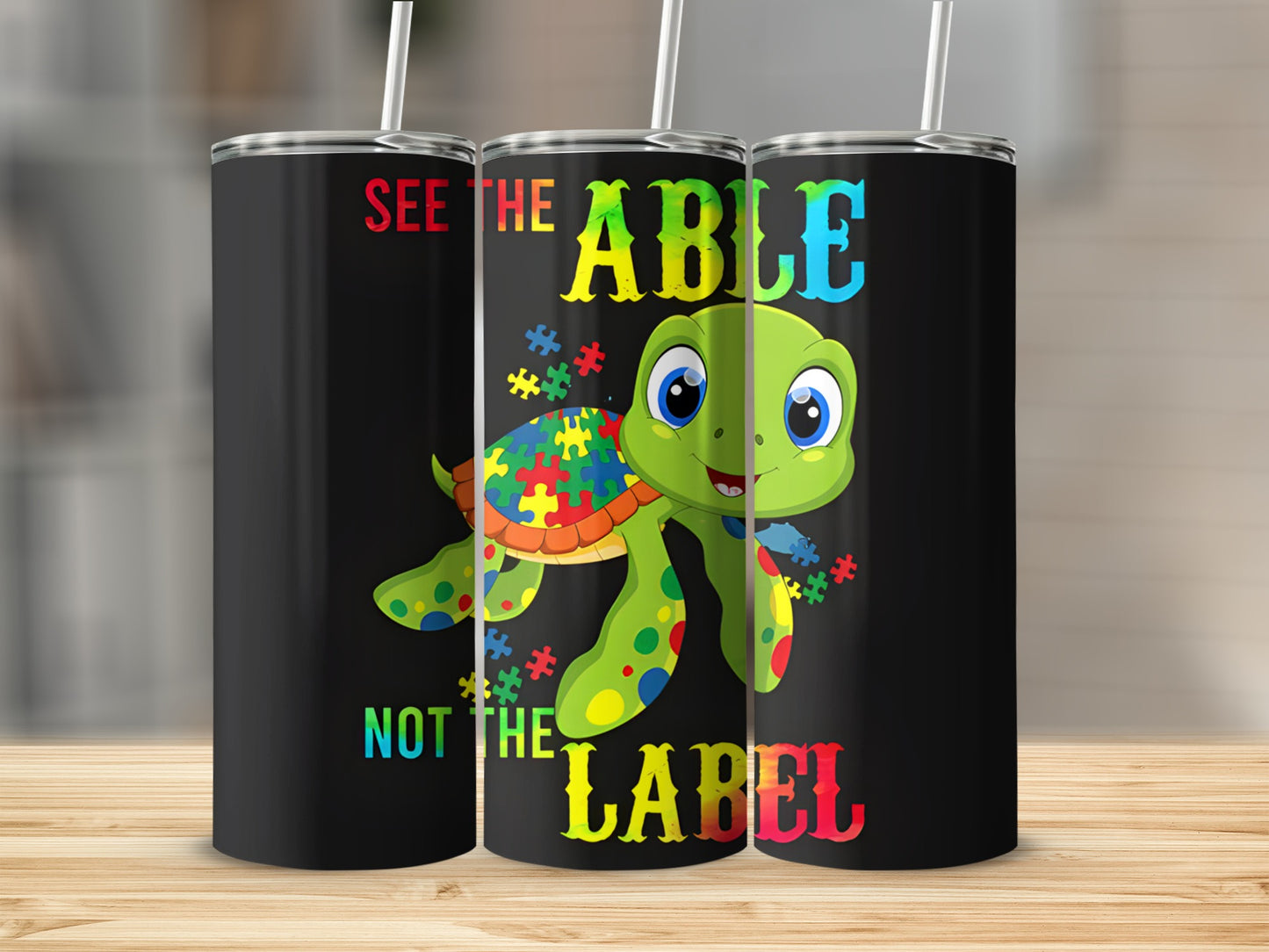 Turtle with puzzle pieces and text "See the able not the label".