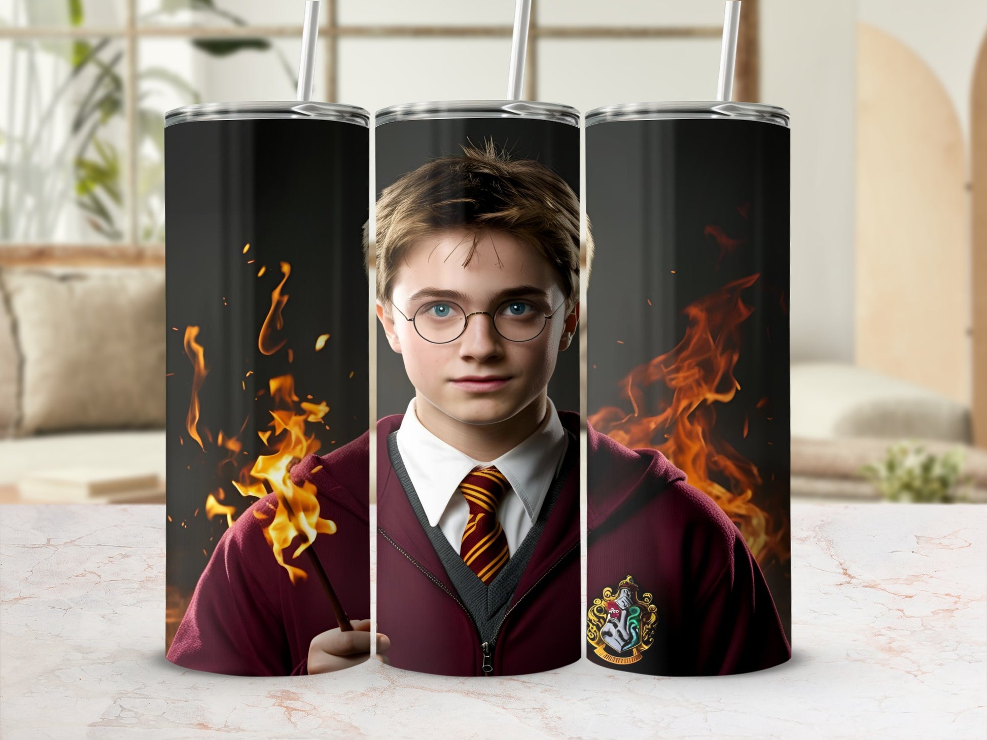 Harry Potter with wand and flames, Hogwarts crest on hoodie.