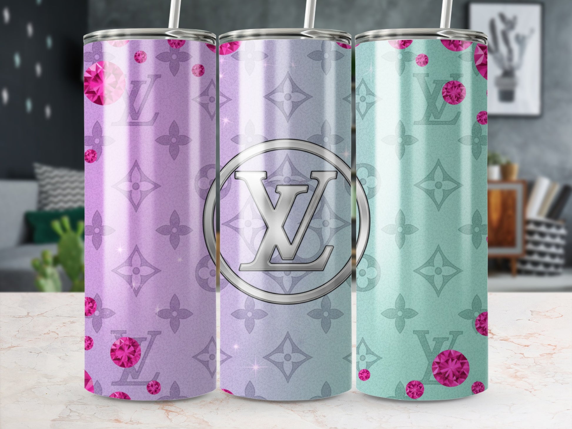 Stylish Triple Tumbler with Pink Gemstones Tumbler