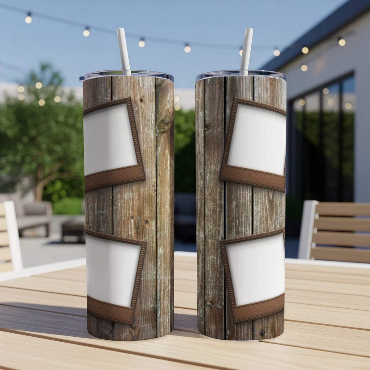 Two tumblers with wood grain design and photo frame accents.