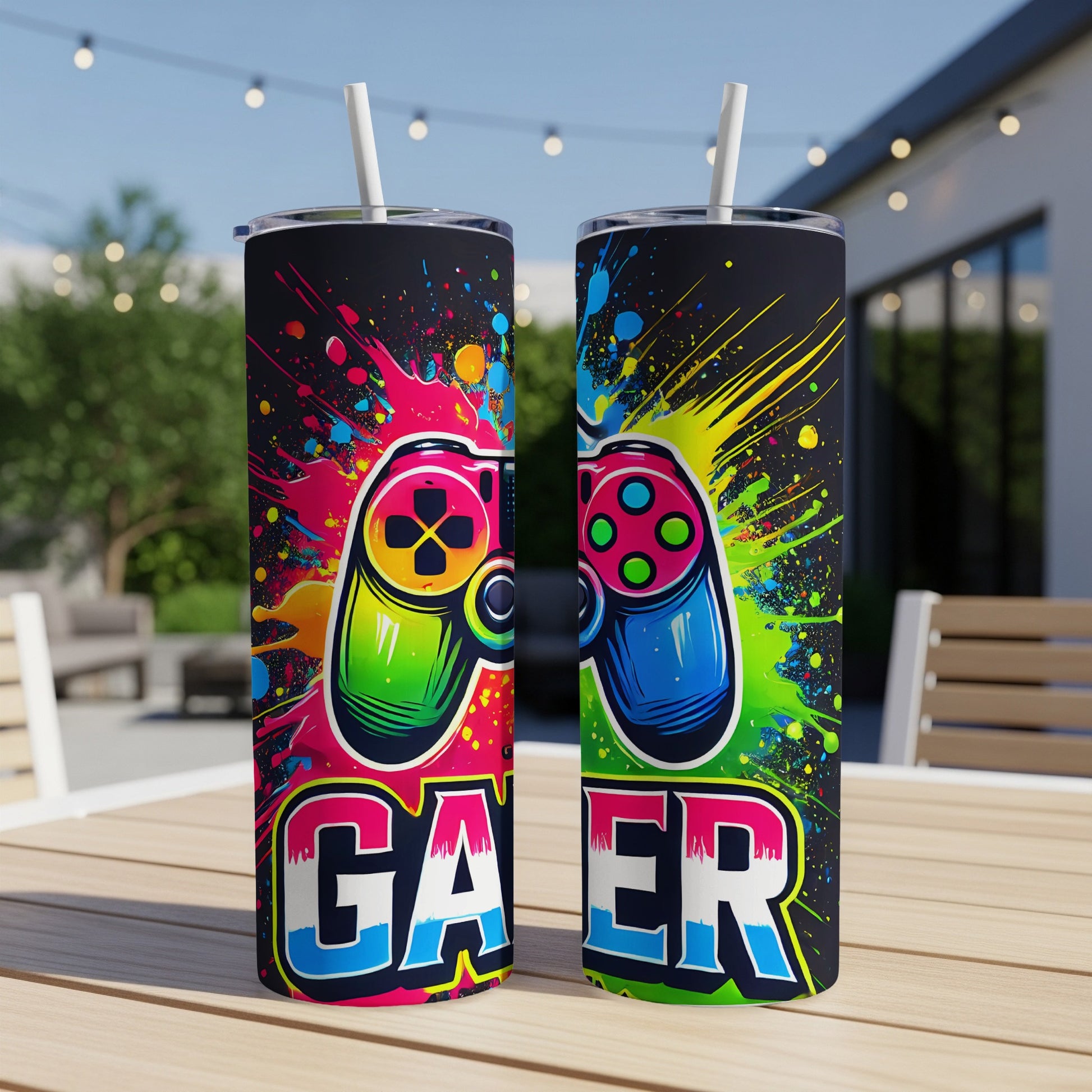 Two tumblers with colorful gamer controller designs and "GA MER" text.