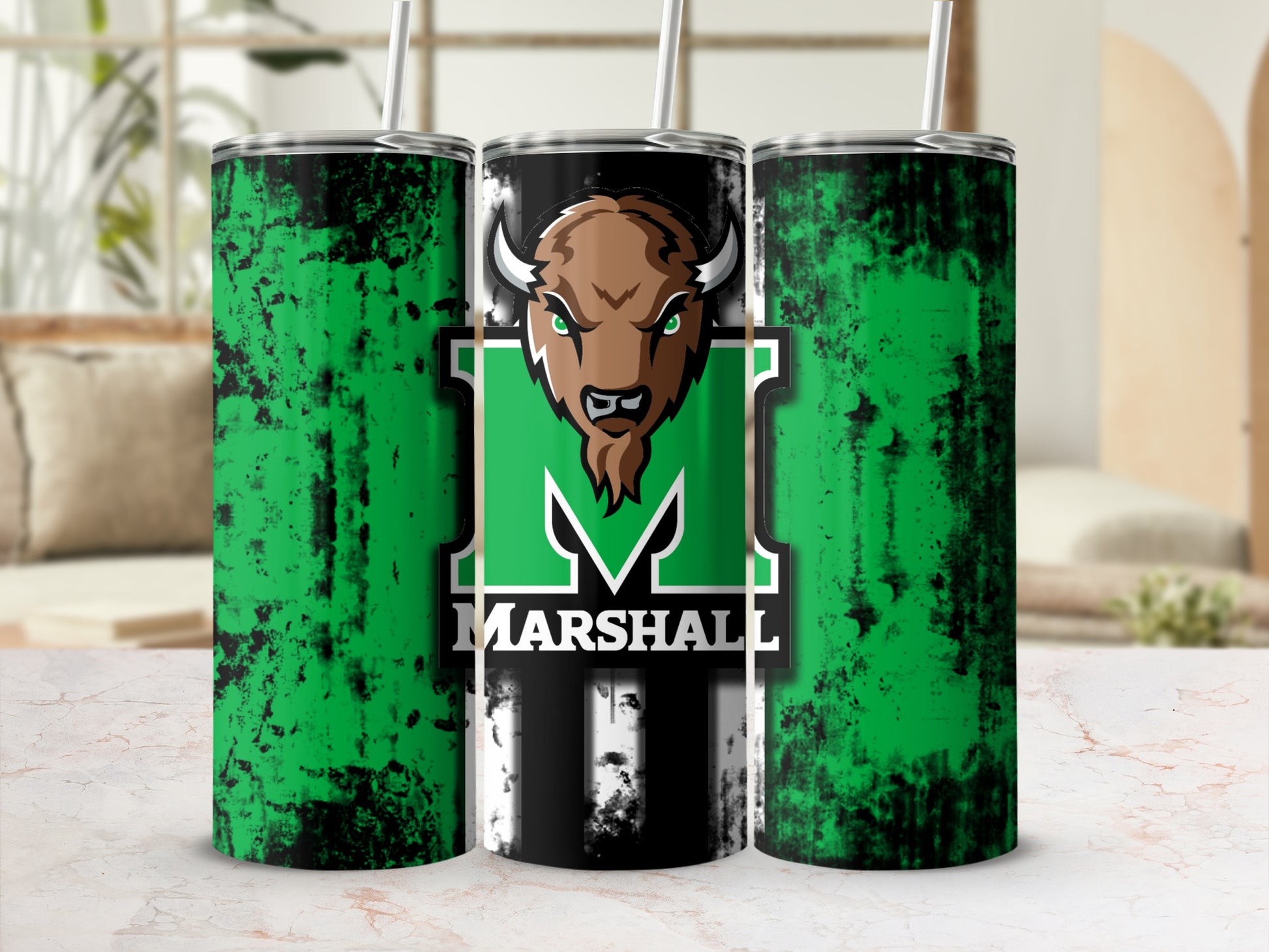 Three tumblers with distressed green, black, and white Marshall Thundering Herd logos.