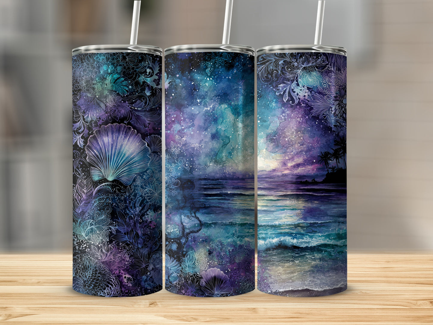 Beautiful Ocean and Galaxy Tumbler Set for Travel