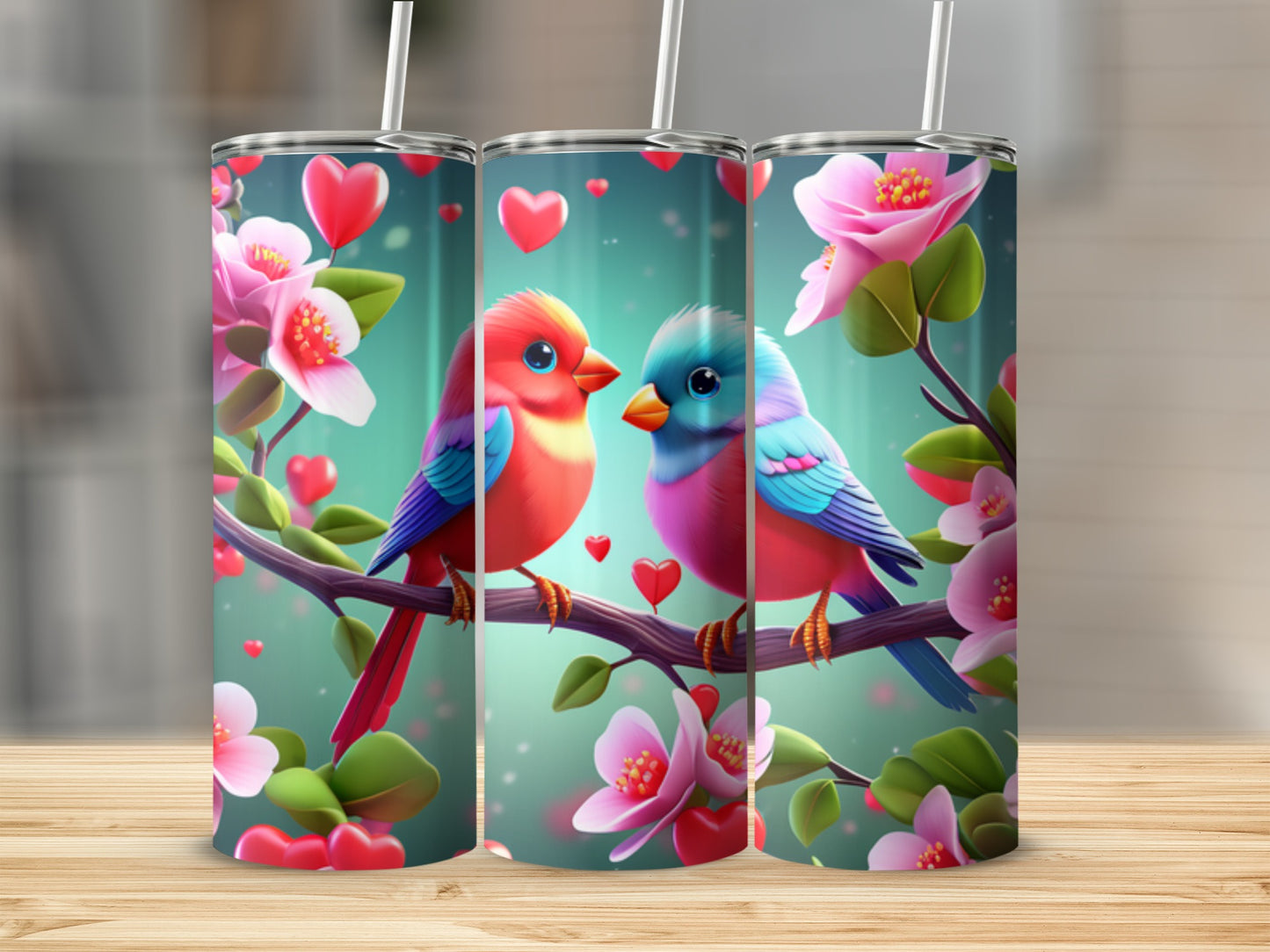 Two colorful birds on a branch with hearts and flowers.