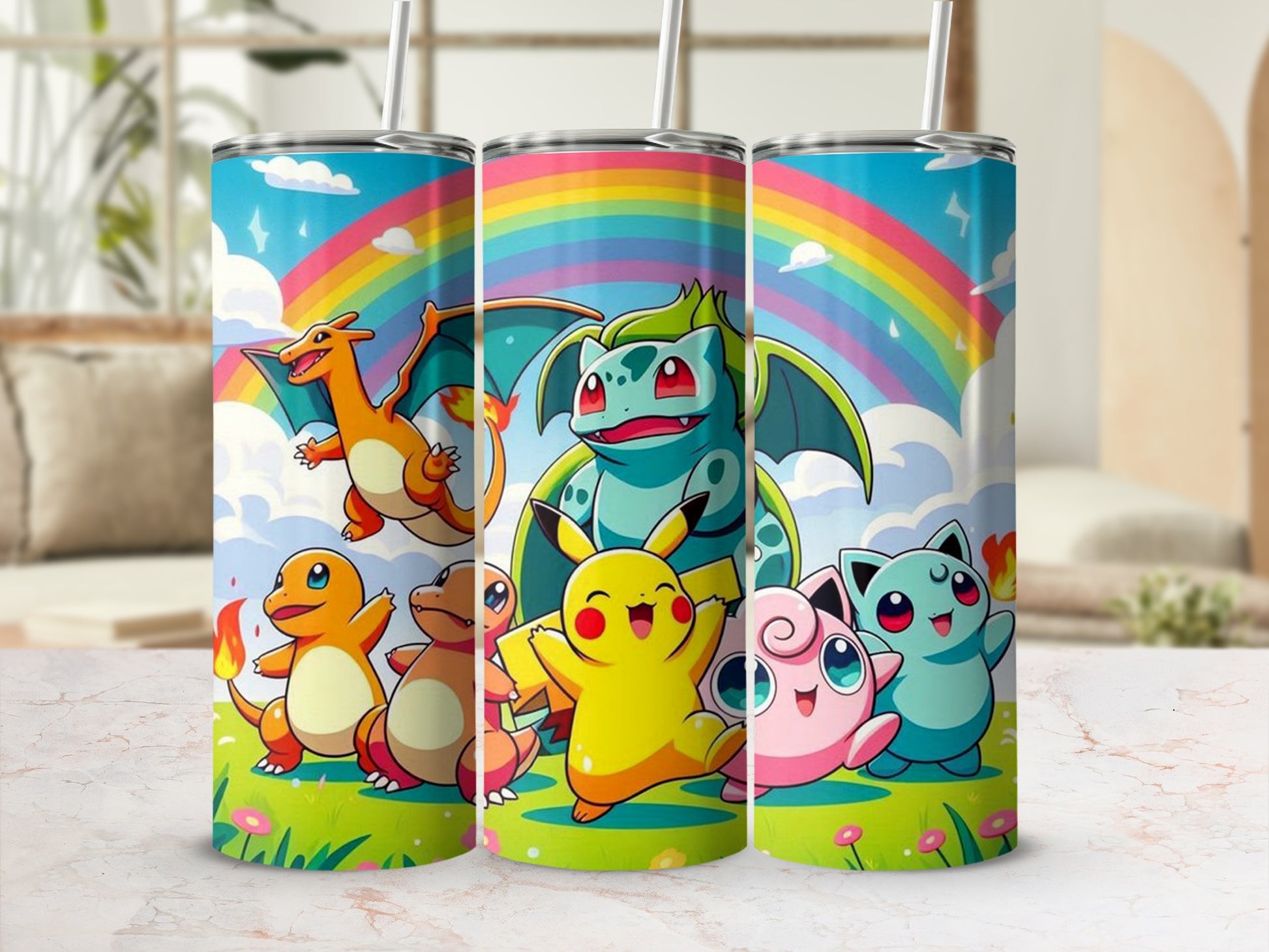 Vibrant Cartoon Characters Rainbow Design Tumbler
