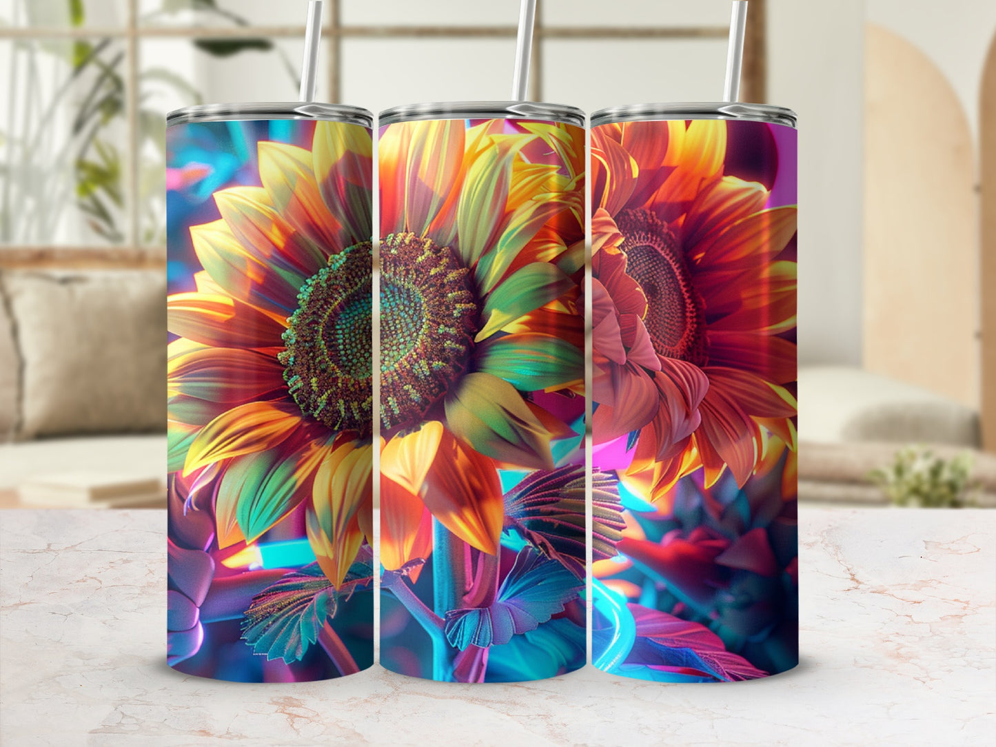 Three tumblers with vibrant, abstract sunflower designs on a light marble surface.
