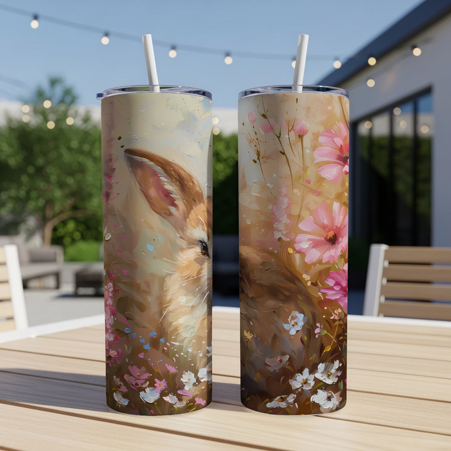 Two tumblers with a painterly rabbit and floral design sit on a table.