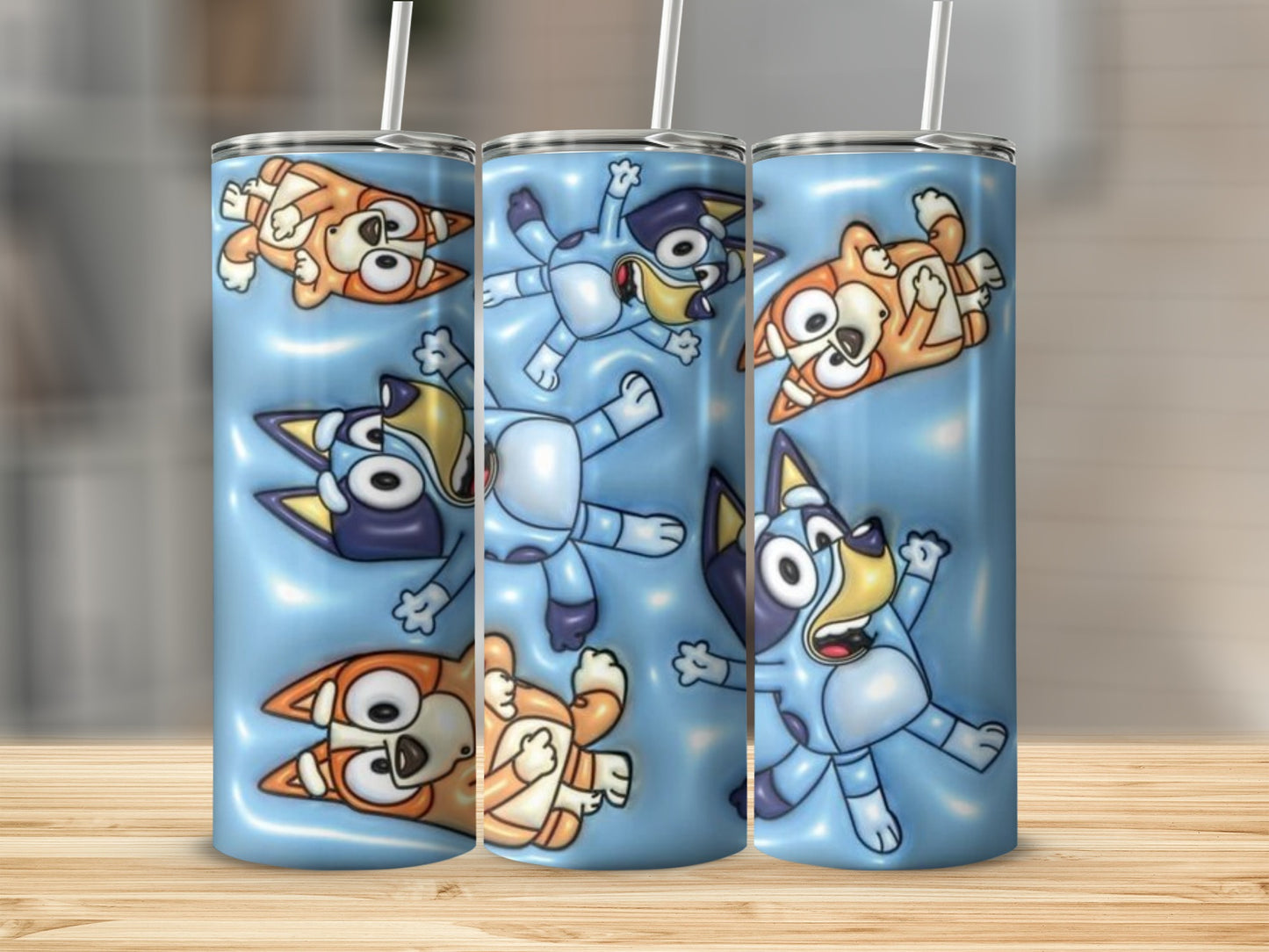 Blue Cartoon Dogs Patterned Tumbler Cup with Straw
