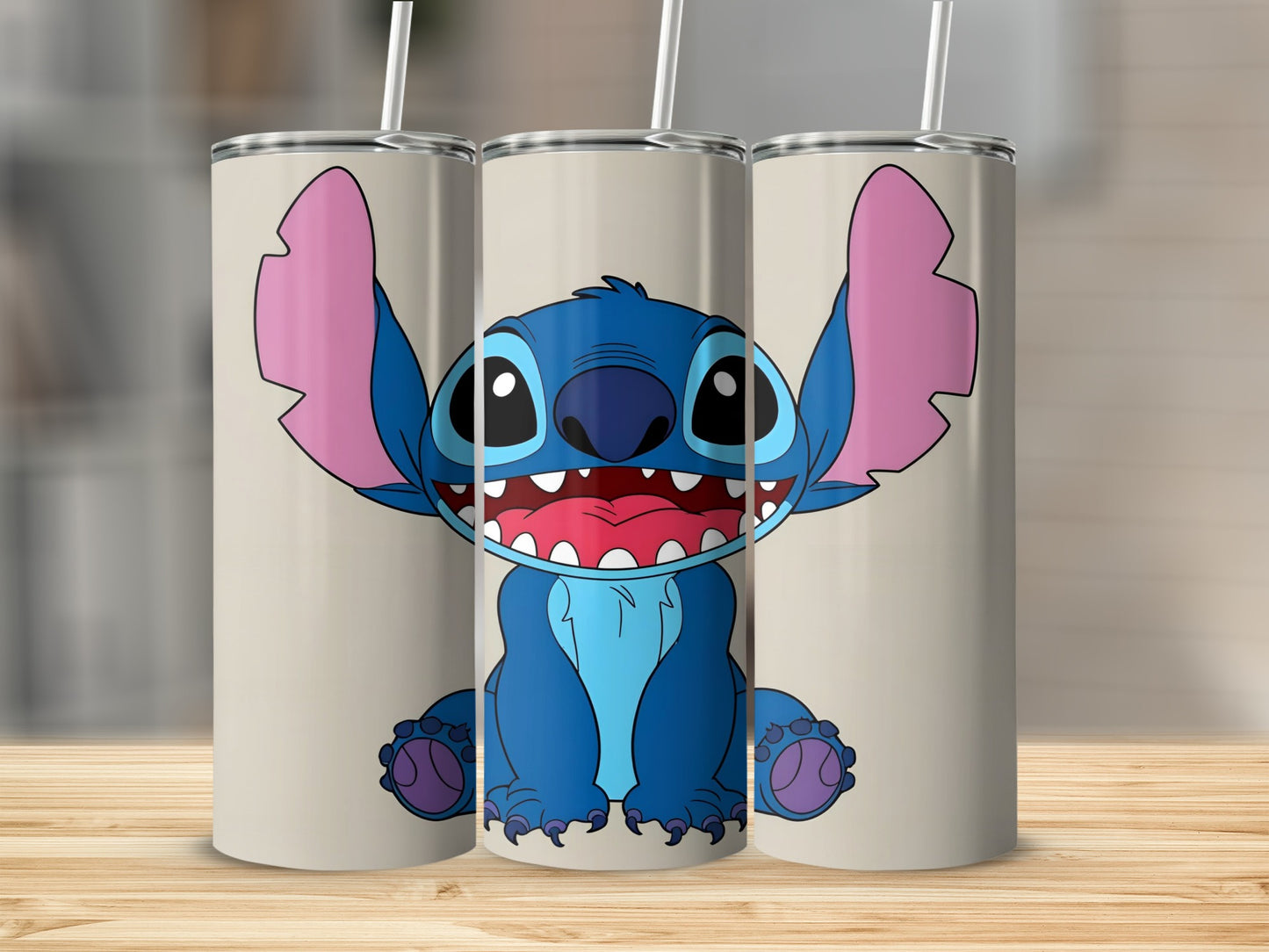 Blue Stitch character sitting, with open mouth, on a light beige background.