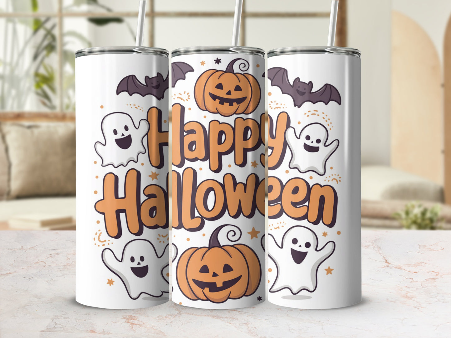 Three tumblers with "Happy Halloween" text, ghosts, bats, and pumpkins.