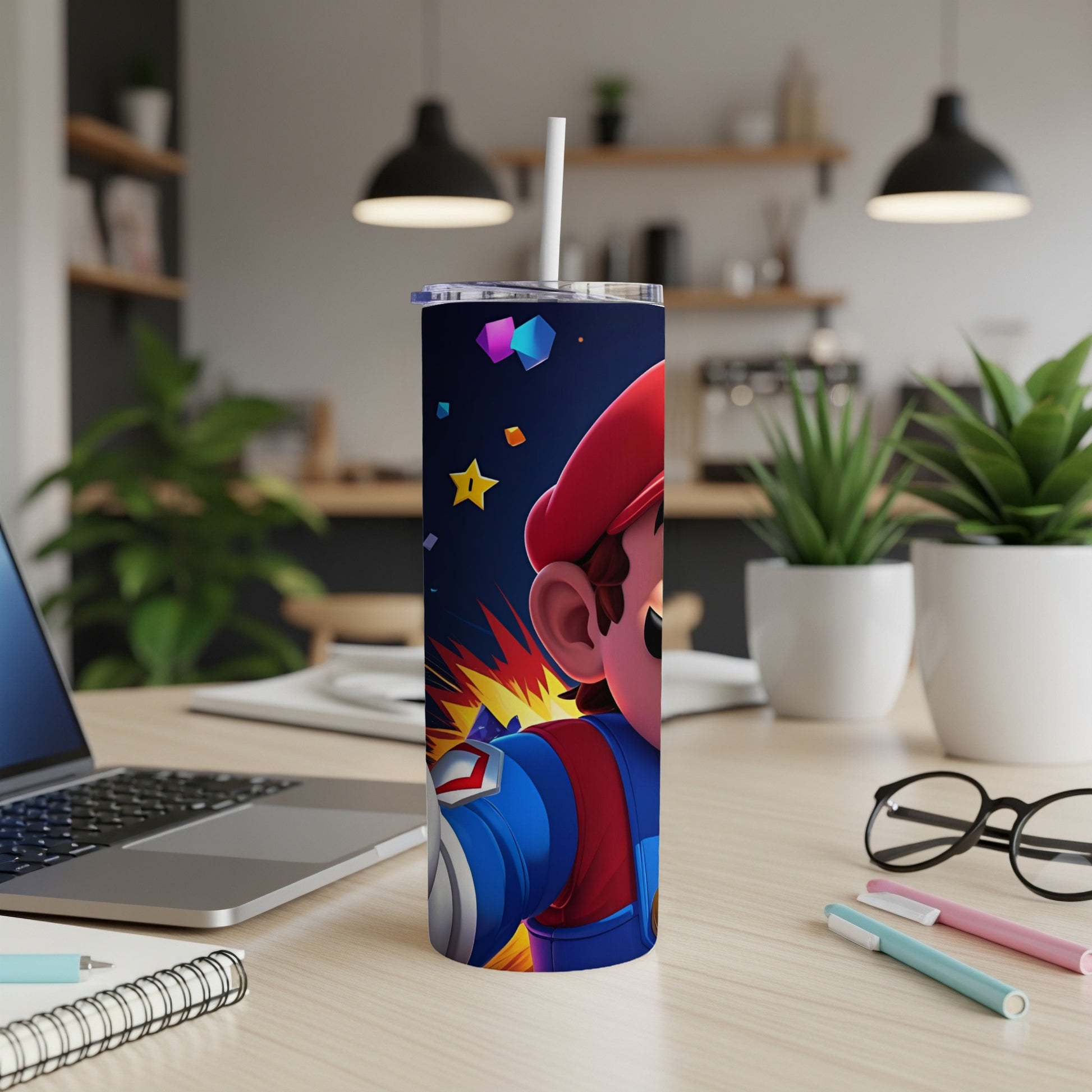 Super Mario character on a skinny tumbler with a colorful background.