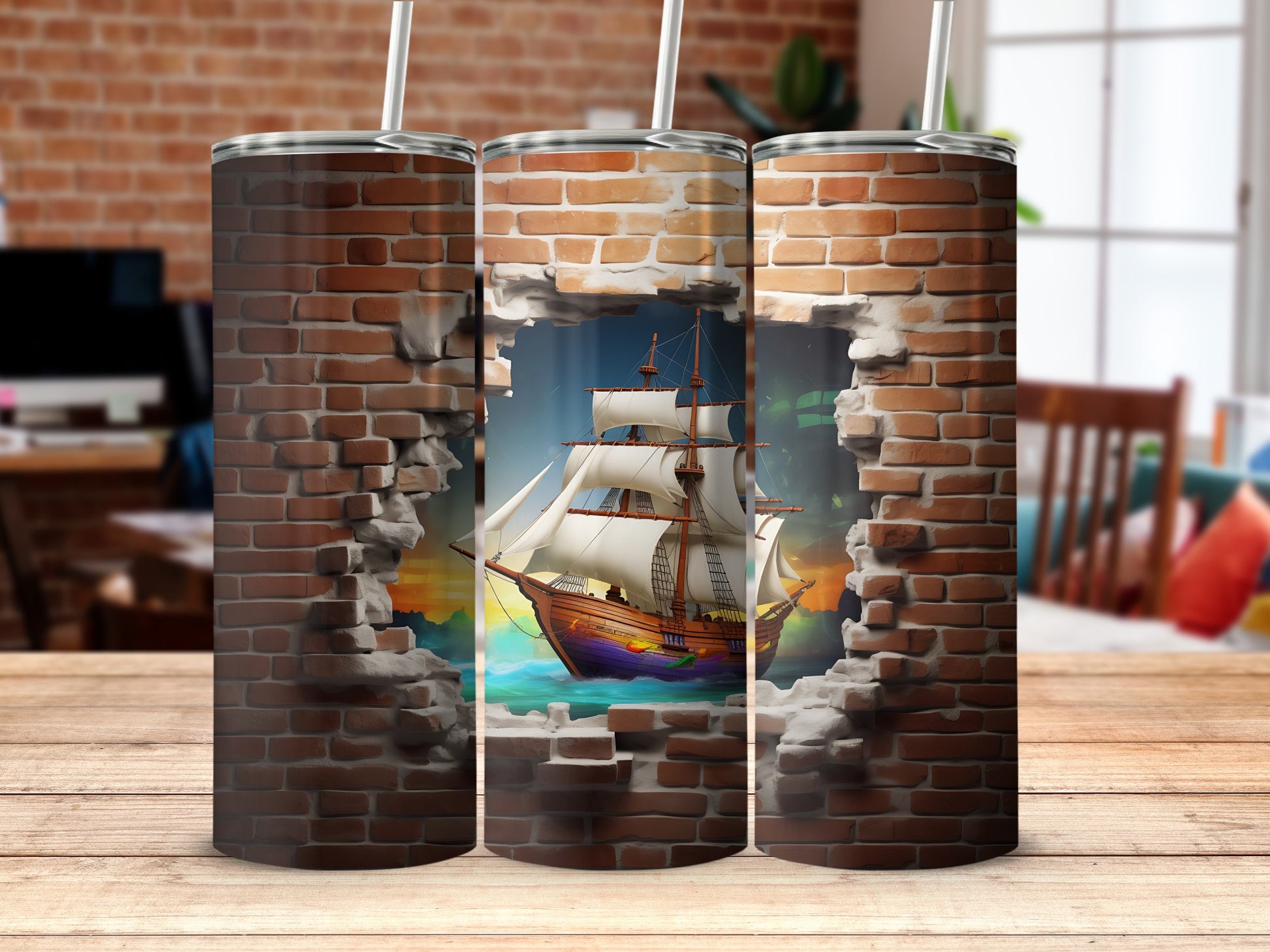 Nautical Ship Through Brick Wall Tumbler Design