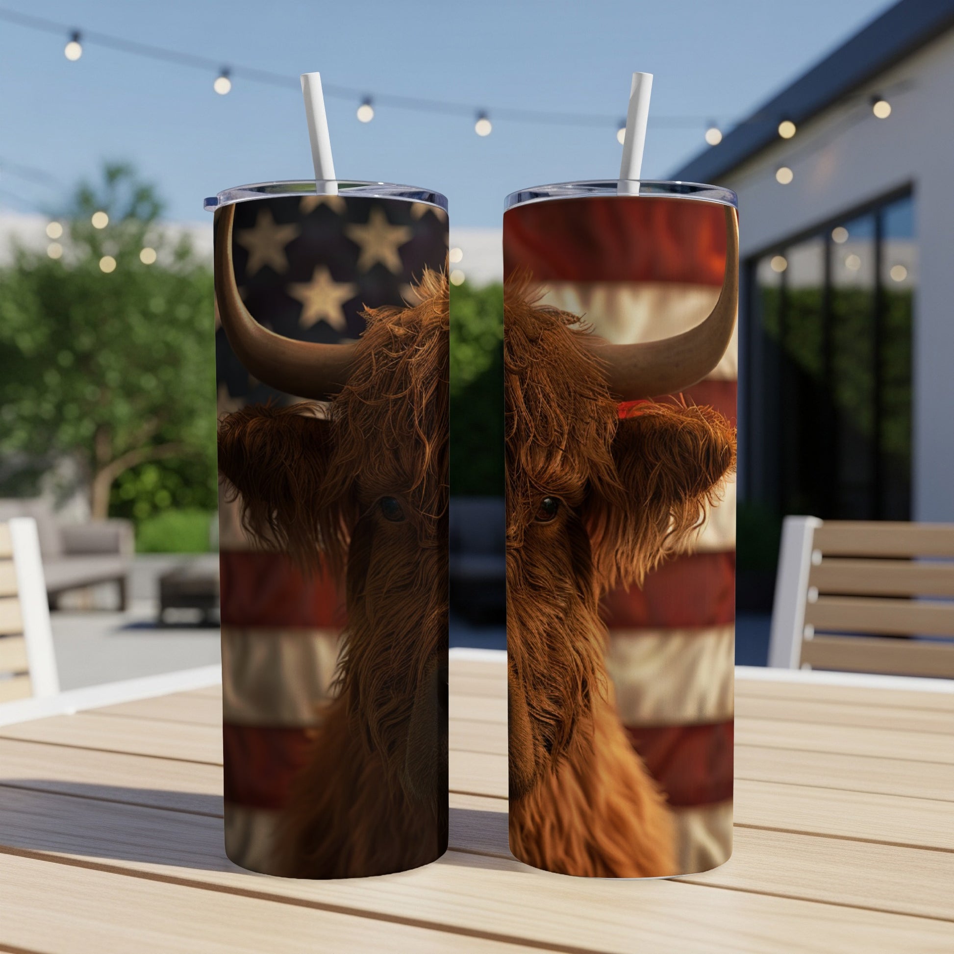 Highland cow portrait against American flag on two tumblers.