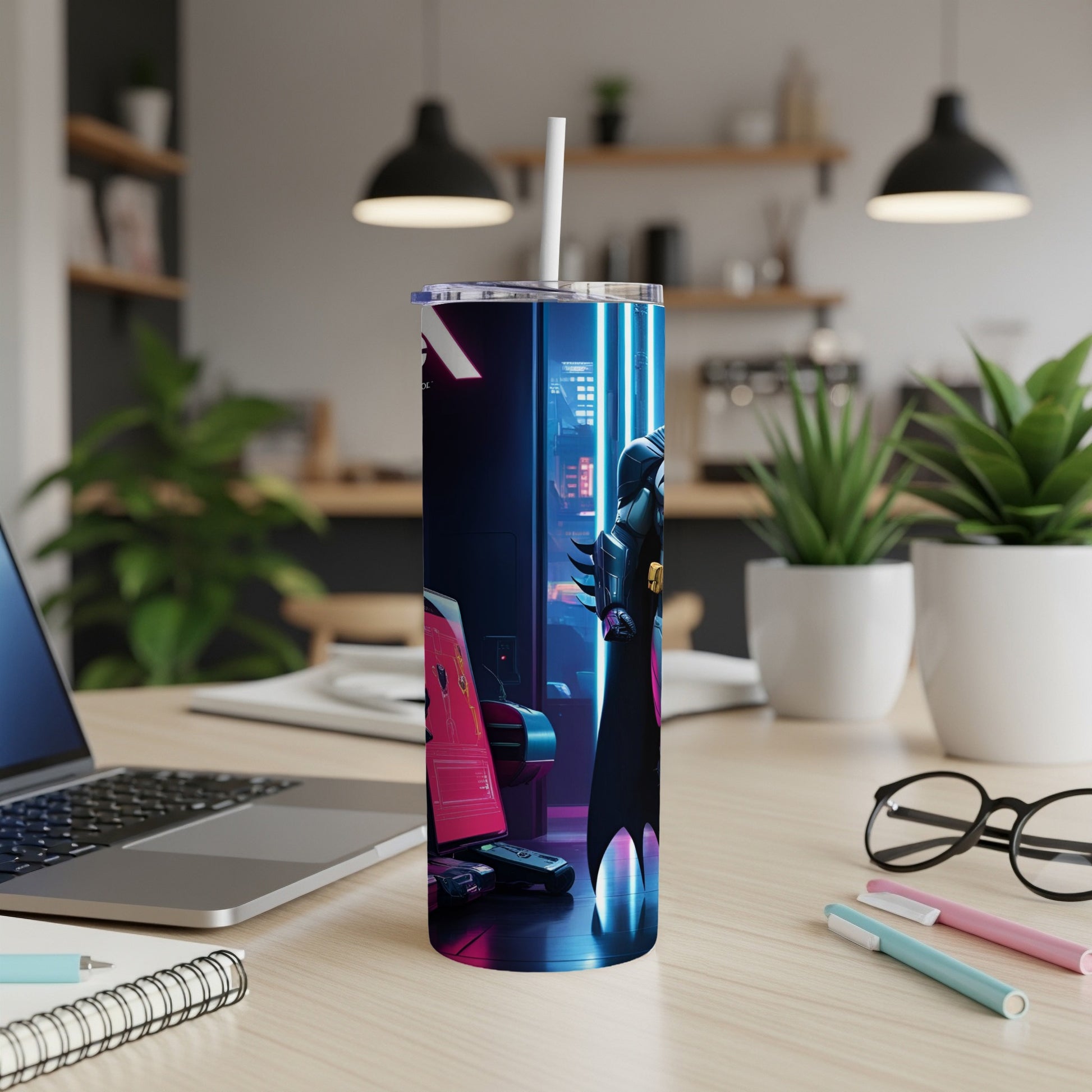 Sleek tumbler with a neon-lit Batman graphic on a desk with laptop and pens.