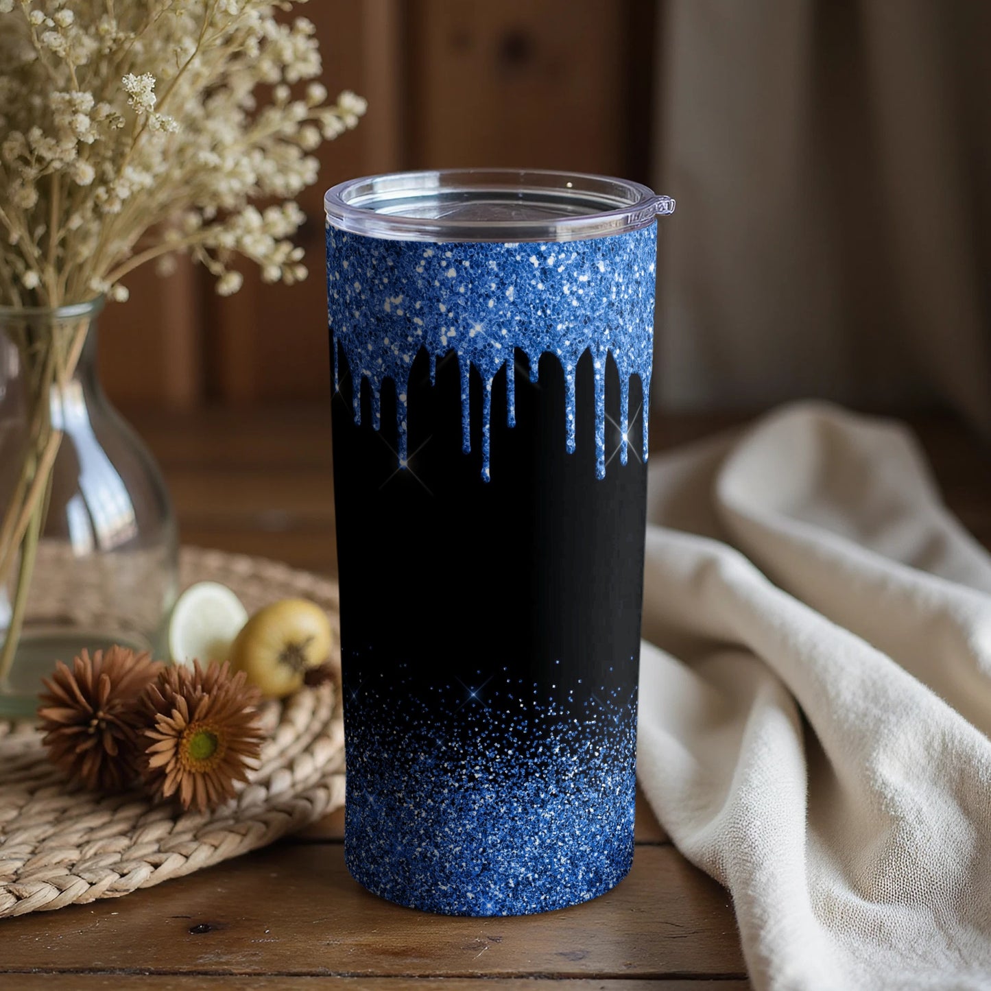 Glittering Blue and Black Drip Pattern Tumbler