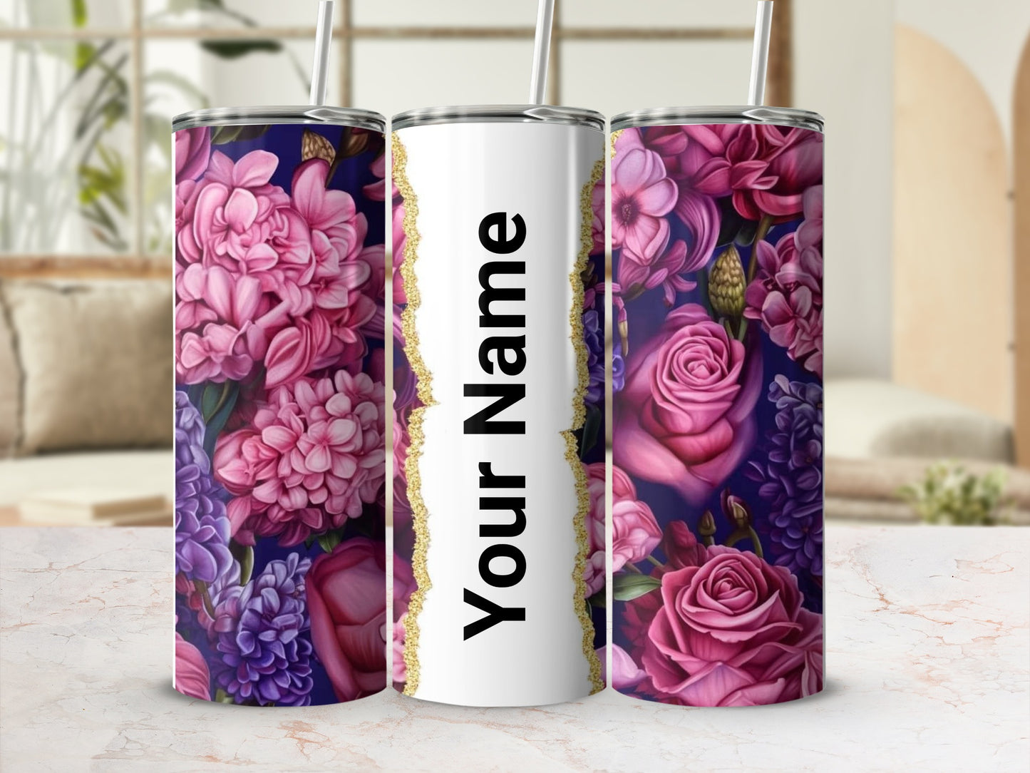 Personalized Floral Design Tumbler with Custom Text